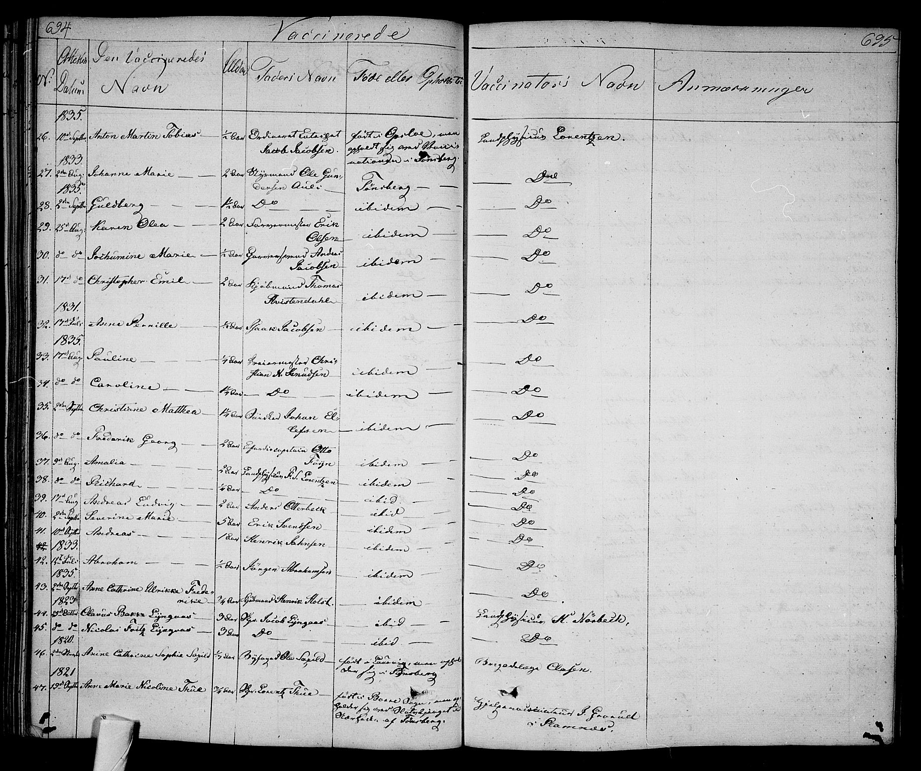 Tønsberg kirkebøker, SAKO/A-330/F/Fa/L0005: Parish register (official) no. I 5, 1827-1836, p. 694-695