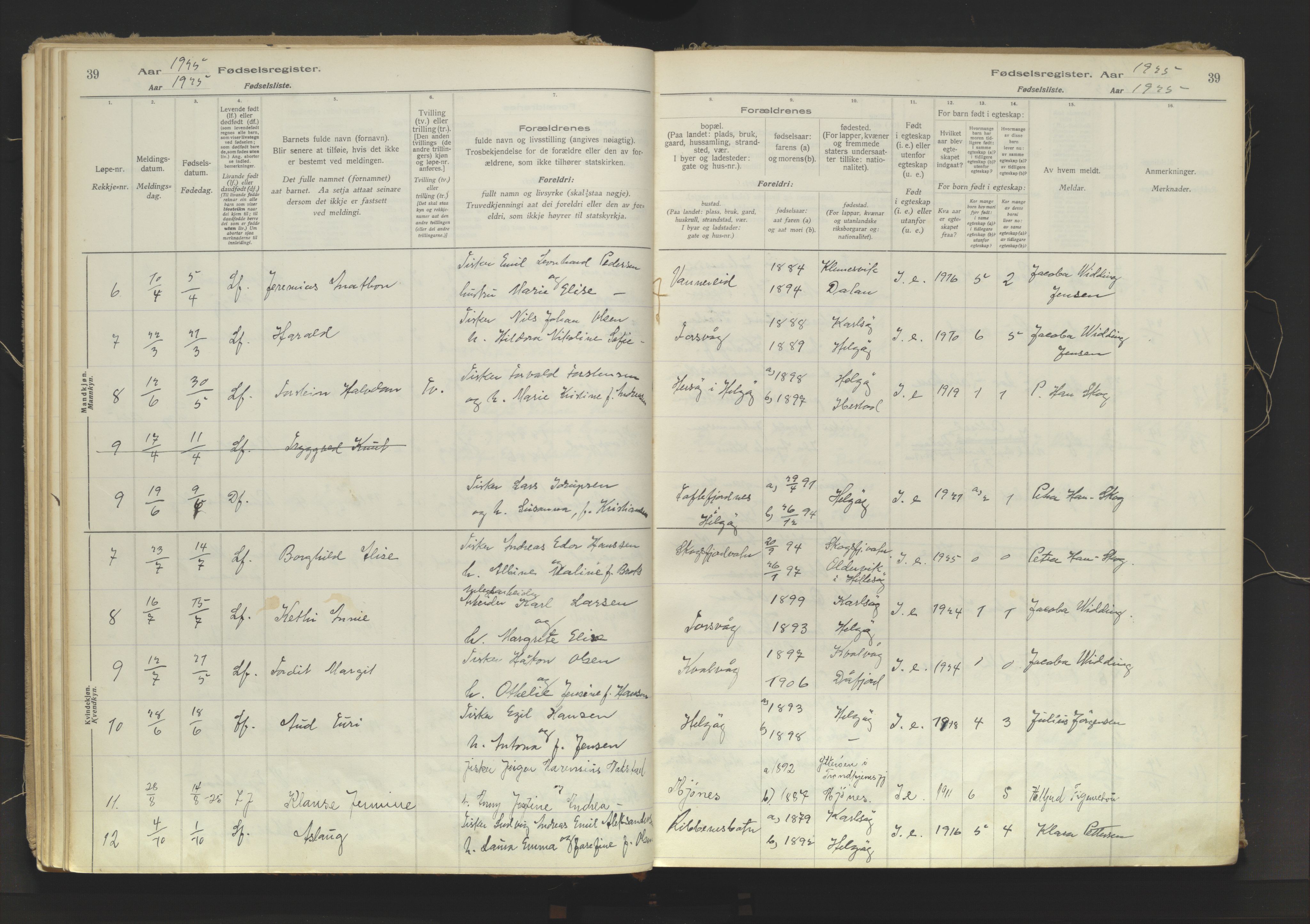 Karlsøy sokneprestembete, AV/SATØ-S-1299/I/Ic/L0067: Birth register no. 67, 1916-1958, p. 39