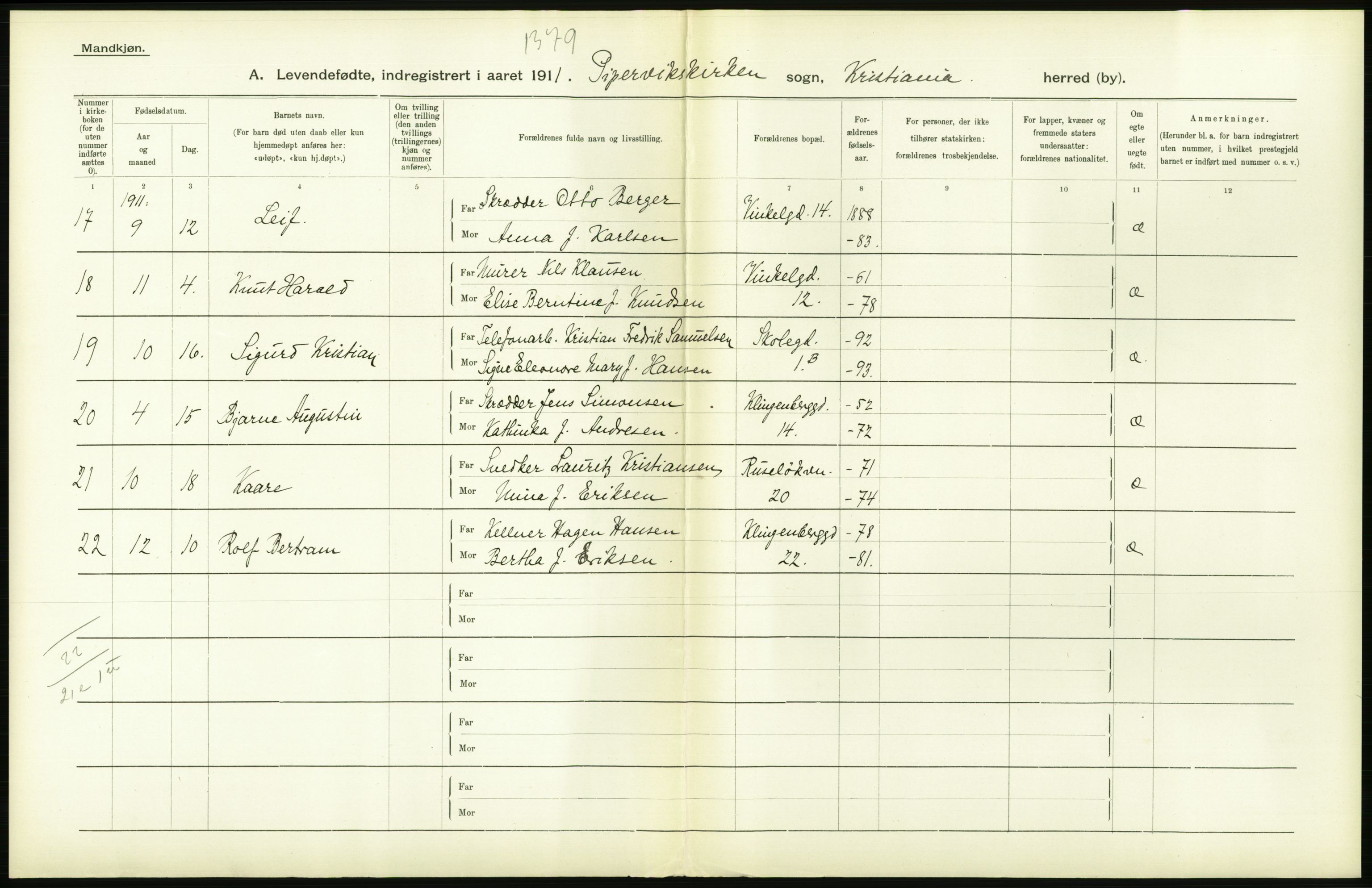 Statistisk sentralbyrå, Sosiodemografiske emner, Befolkning, AV/RA-S-2228/D/Df/Dfb/Dfba/L0006: Kristiania: Levendefødte menn., 1911, p. 618