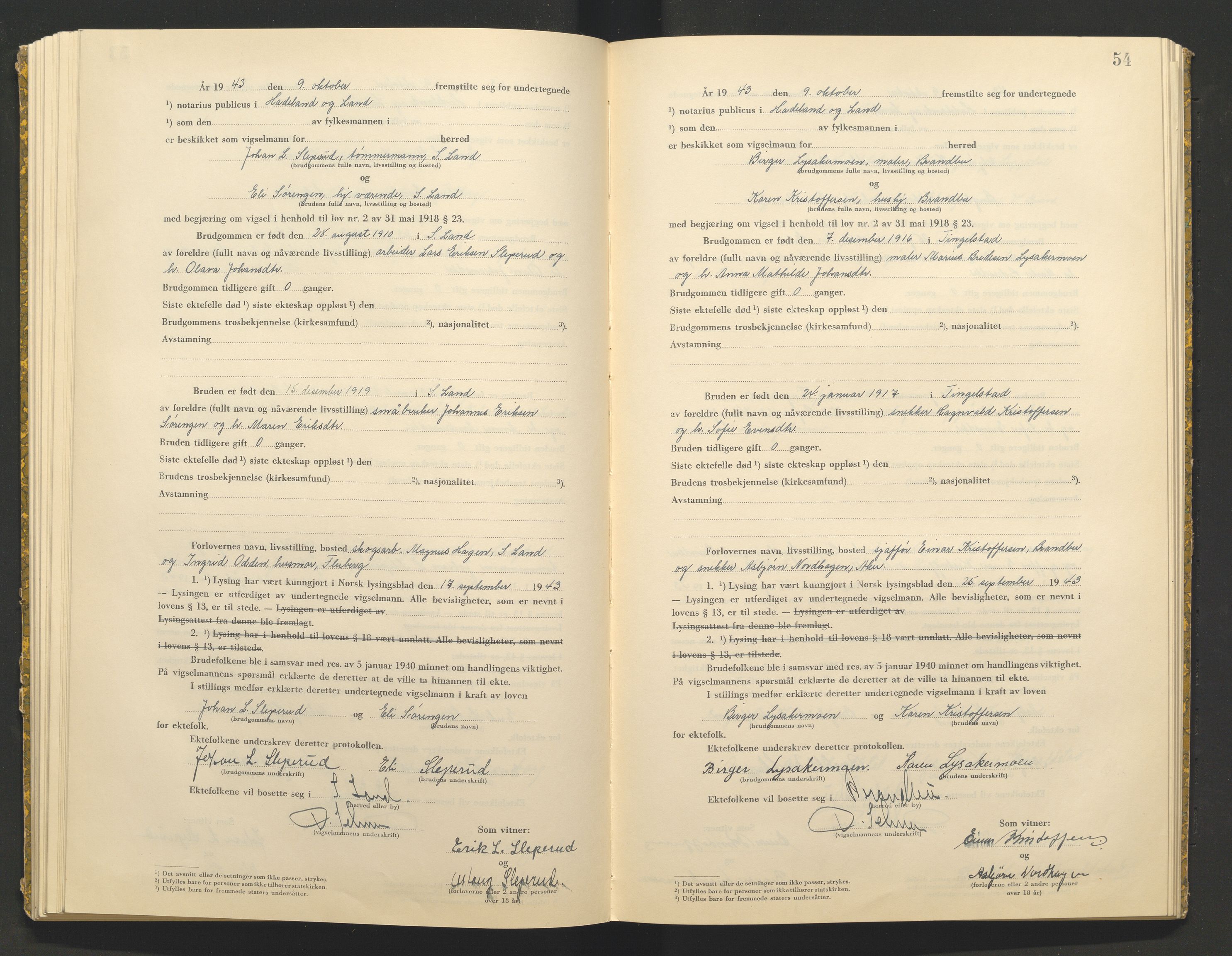 Hadeland og Land tingrett, AV/SAH-TING-010/L/Lb/L0002: Vigselbok, 1943-1944, p. 54
