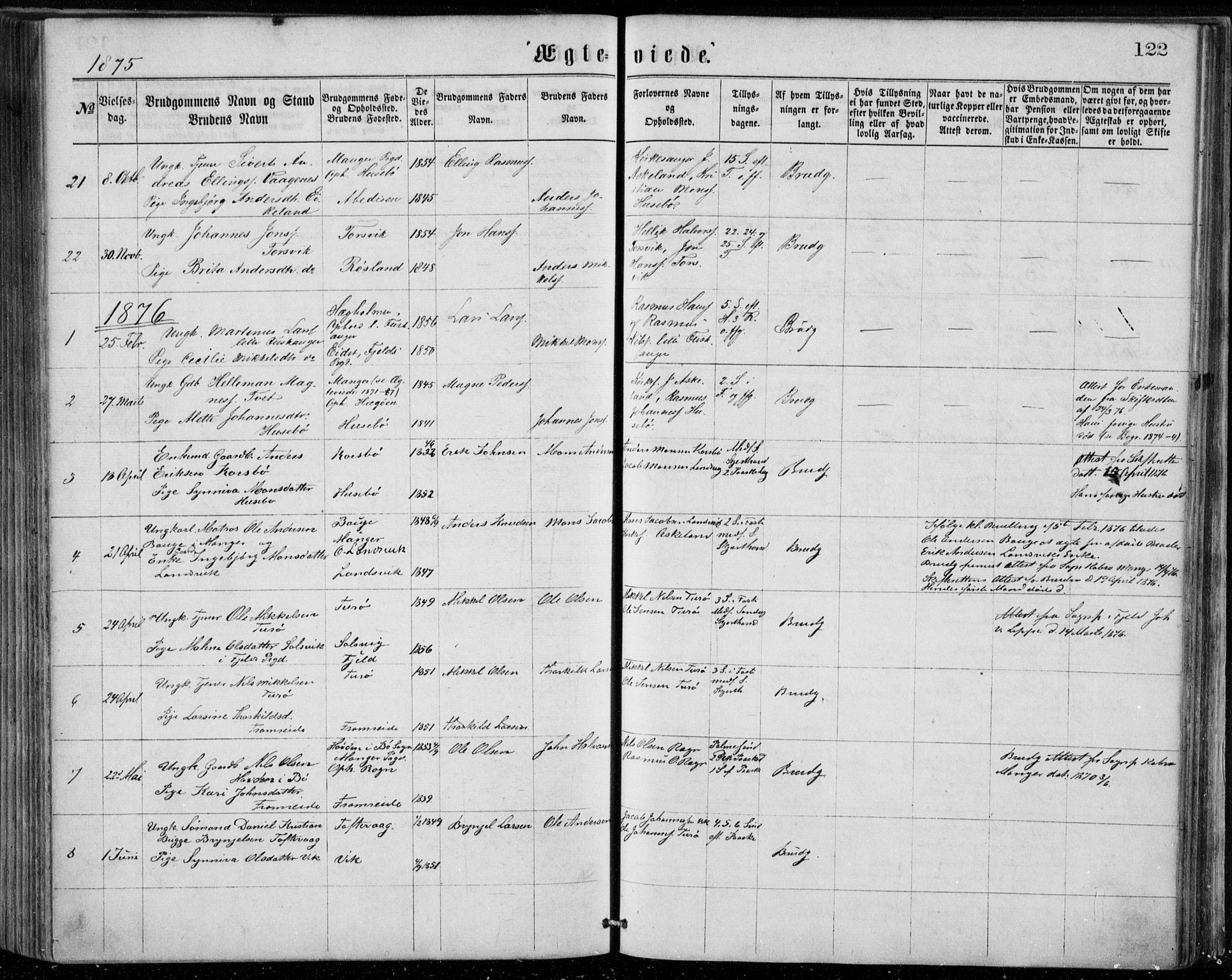 Herdla Sokneprestembete, AV/SAB-A-75701/H/Haa: Parish register (official) no. A 2, 1869-1877, p. 122