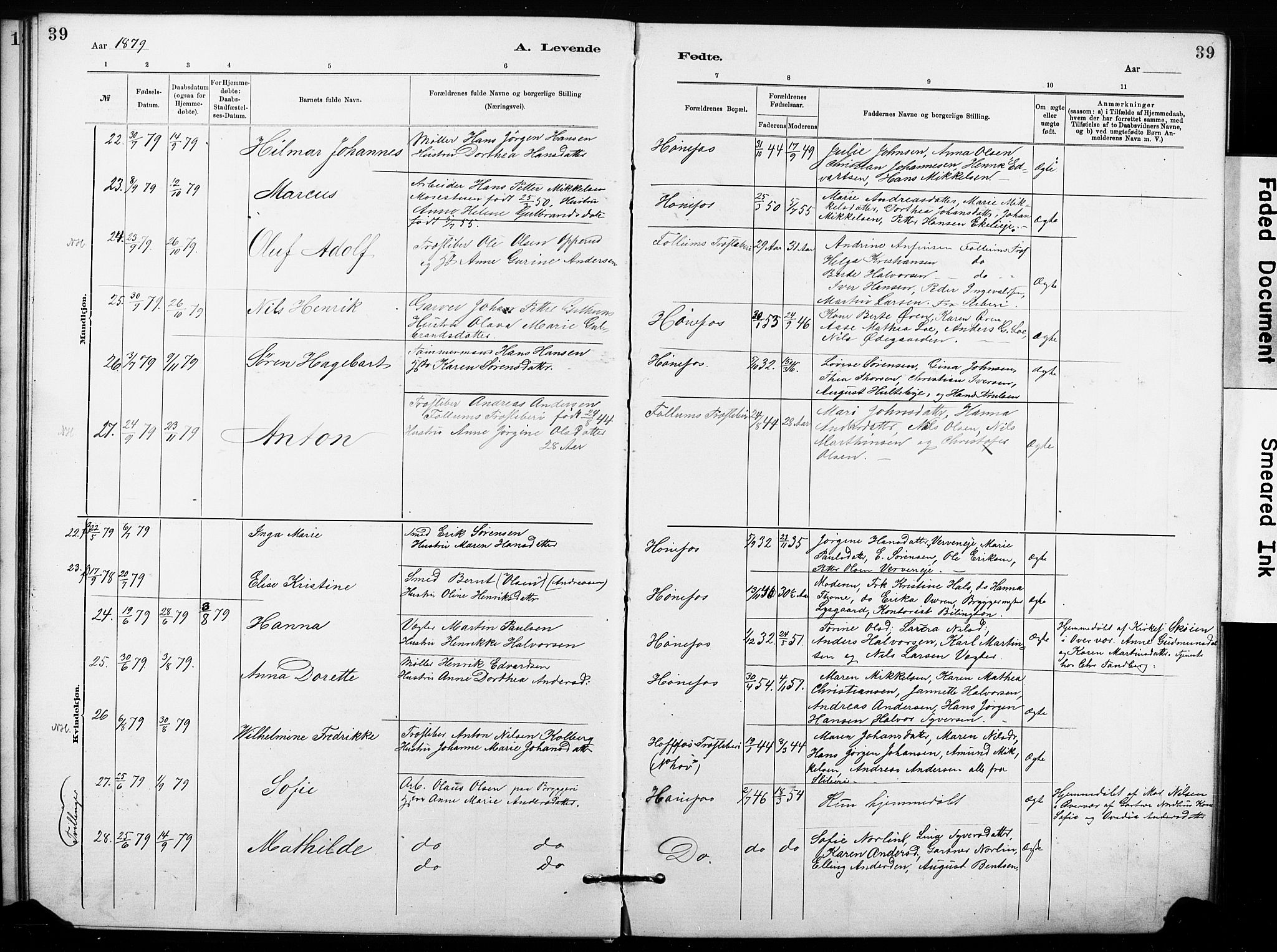 Hønefoss kirkebøker, AV/SAKO-A-609/G/Ga/L0001: Parish register (copy) no. 1, 1870-1887, p. 39