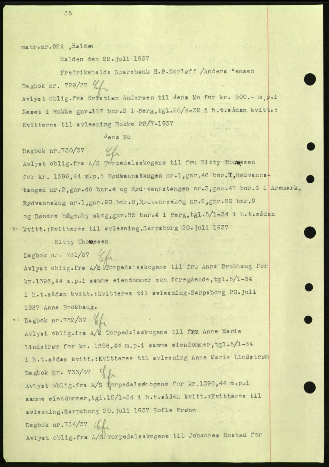 Idd og Marker sorenskriveri, AV/SAO-A-10283/G/Gb/Gbc/L0001: Mortgage book no. B1-3, 1936-1939, Diary no: : 729/1937