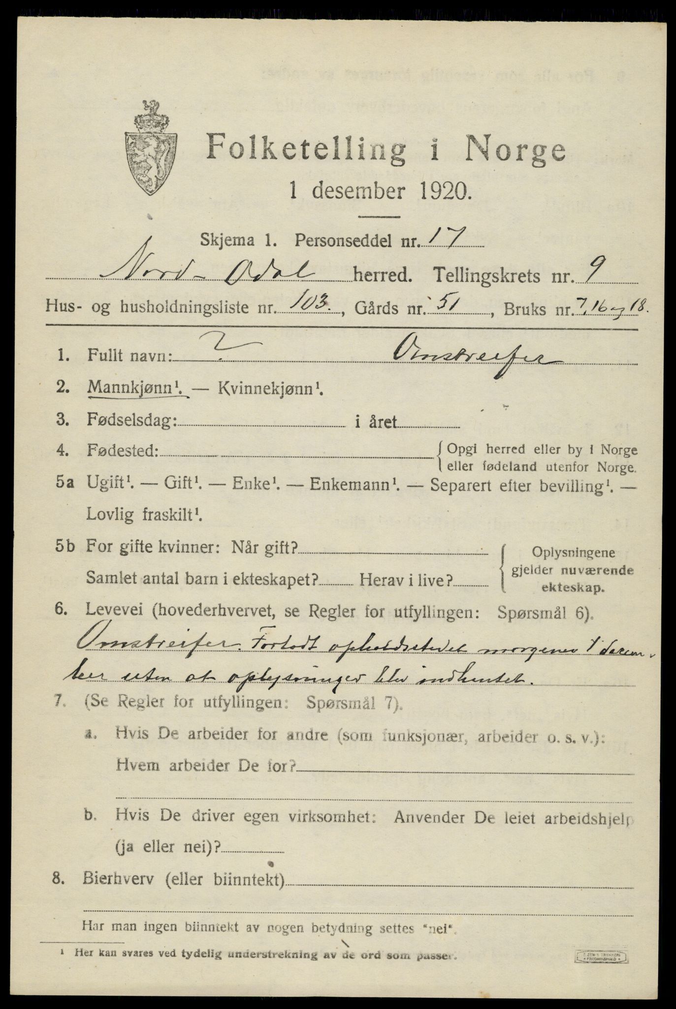 SAH, 1920 census for Nord-Odal, 1920, p. 10855