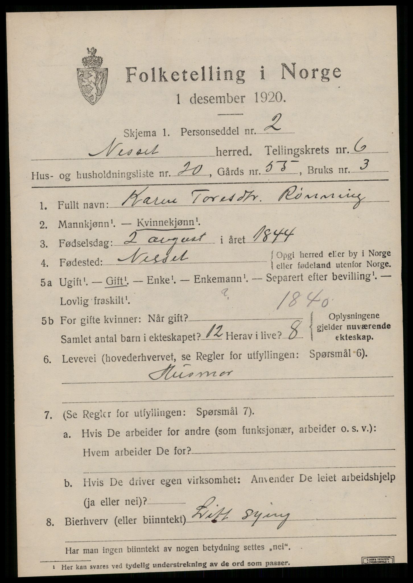 SAT, 1920 census for Nesset, 1920, p. 2976