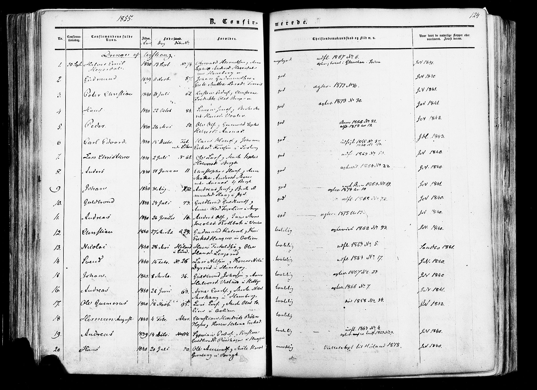 Aurskog prestekontor Kirkebøker, SAO/A-10304a/F/Fa/L0007: Parish register (official) no. I 7, 1854-1877, p. 124