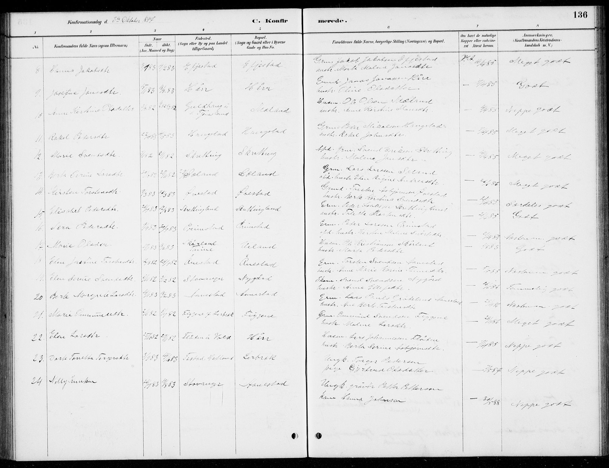 Hå sokneprestkontor, AV/SAST-A-101801/001/30BB/L0004: Parish register (copy) no. B 4, 1883-1899, p. 136