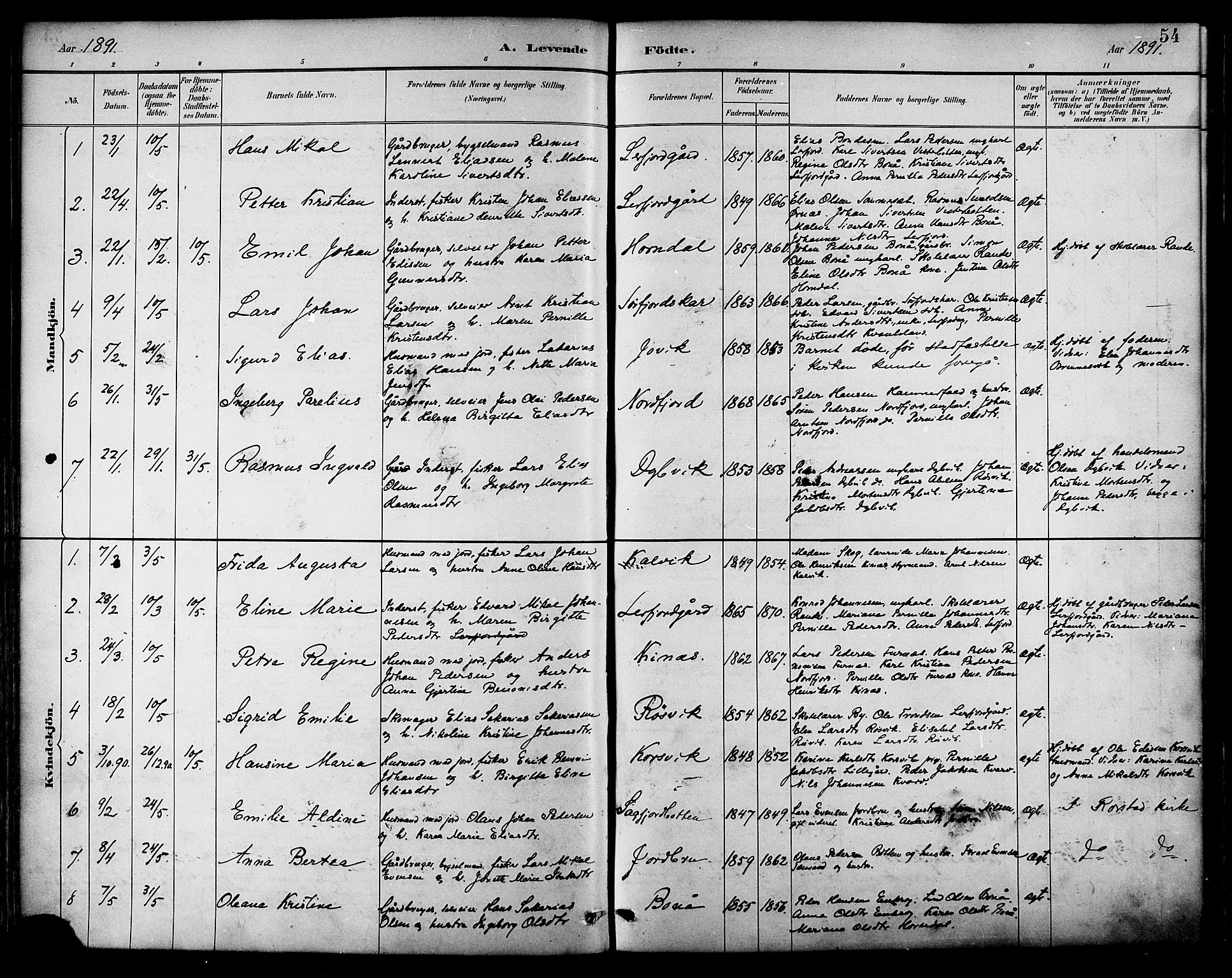 Ministerialprotokoller, klokkerbøker og fødselsregistre - Nordland, SAT/A-1459/854/L0777: Parish register (official) no. 854A01 /1, 1883-1891, p. 54