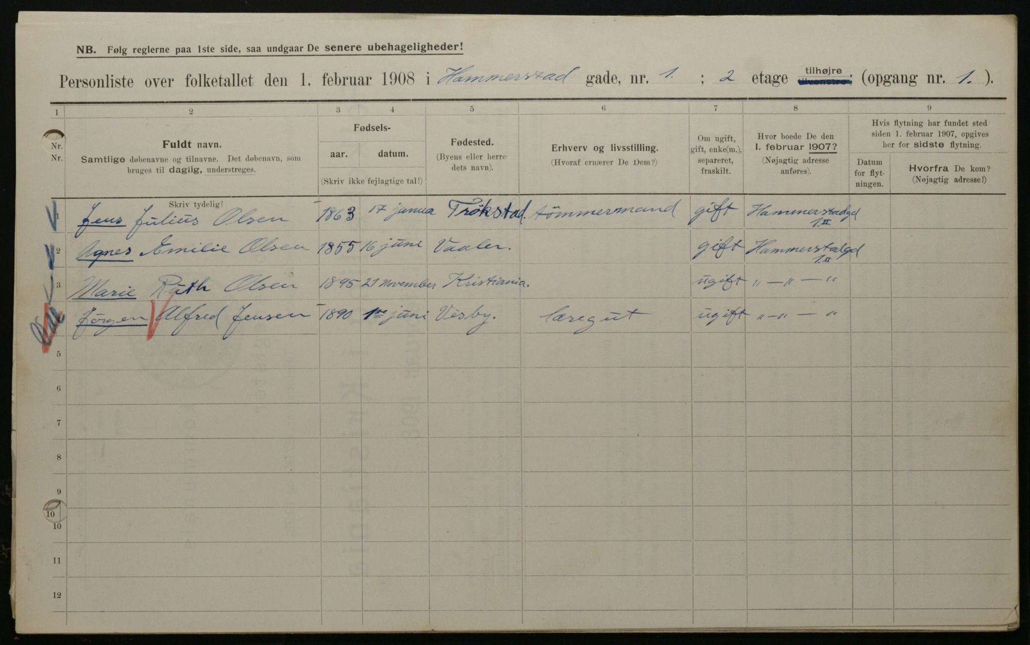 OBA, Municipal Census 1908 for Kristiania, 1908, p. 31119