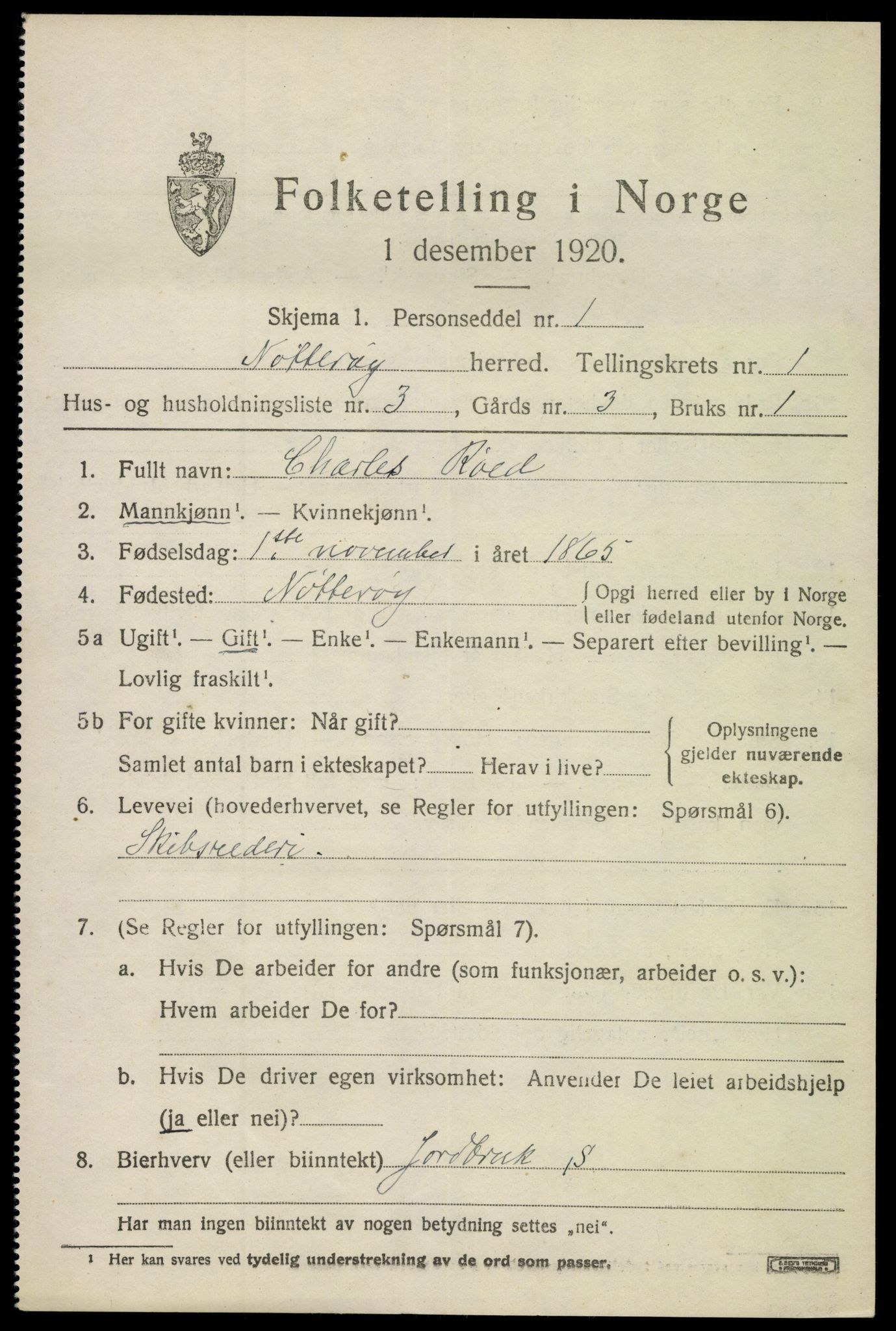 SAKO, 1920 census for Nøtterøy, 1920, p. 2847