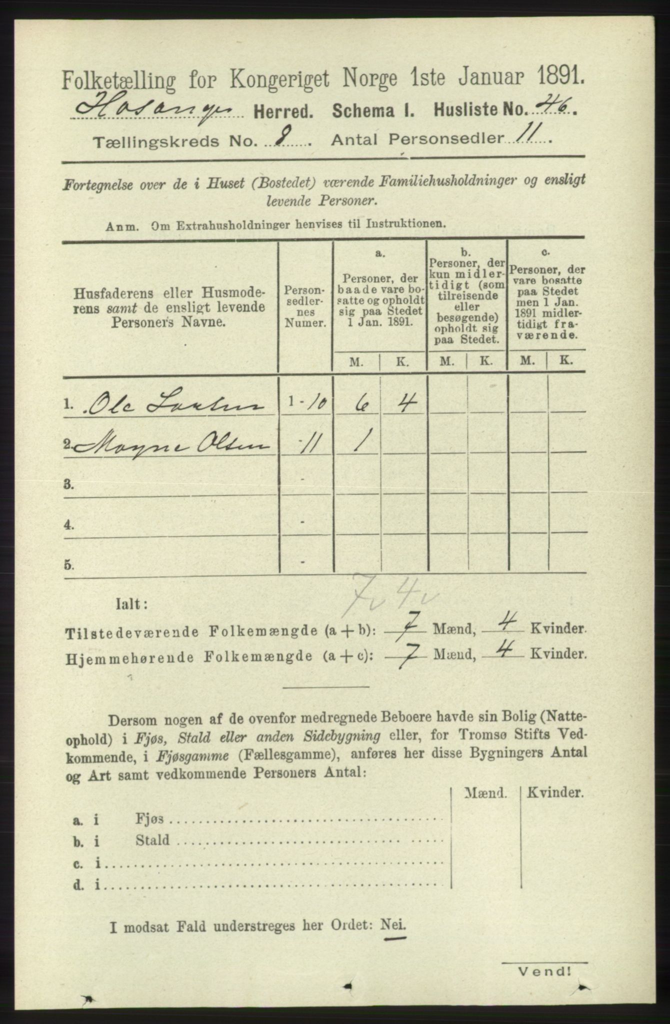 RA, 1891 census for 1253 Hosanger, 1891, p. 2946