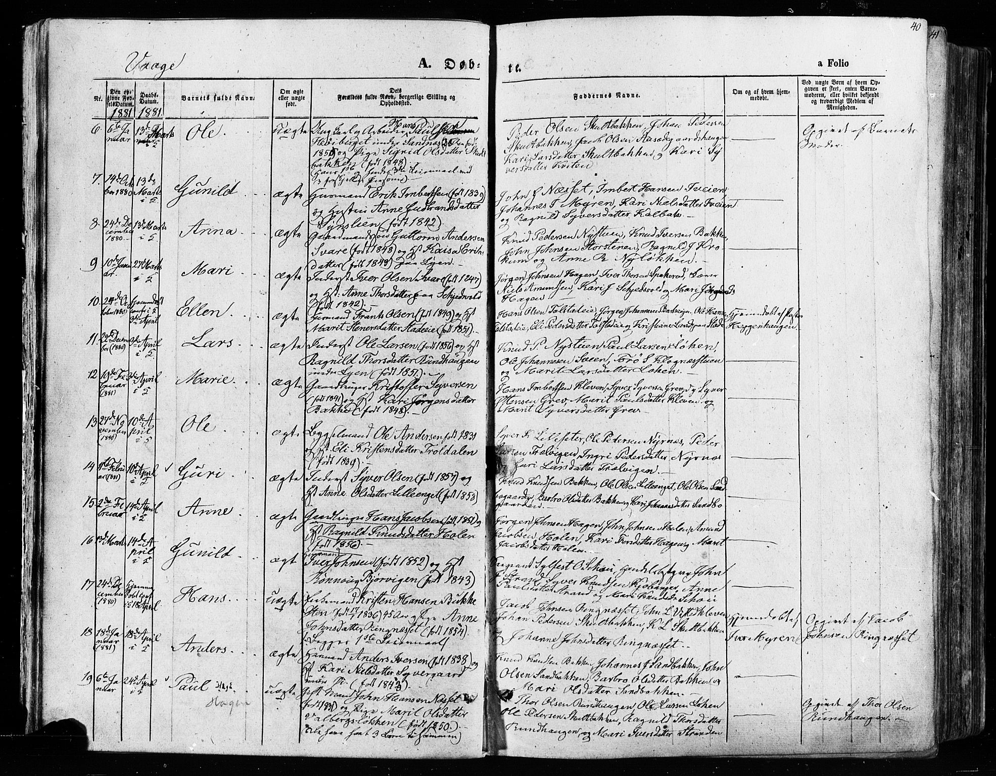 Vågå prestekontor, SAH/PREST-076/H/Ha/Haa/L0007: Parish register (official) no. 7 /1, 1872-1886, p. 40