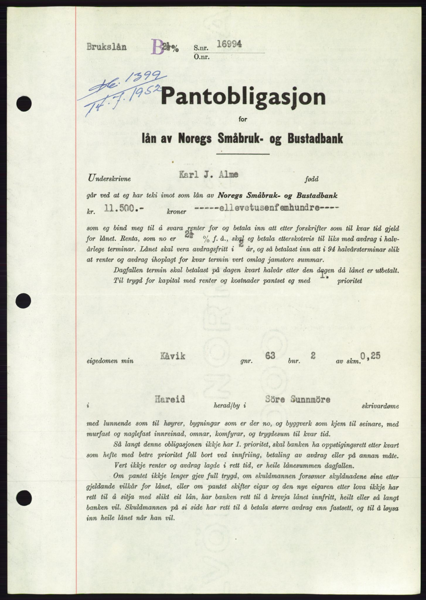 Søre Sunnmøre sorenskriveri, AV/SAT-A-4122/1/2/2C/L0121: Mortgage book no. 9B, 1951-1952, Diary no: : 1399/1952