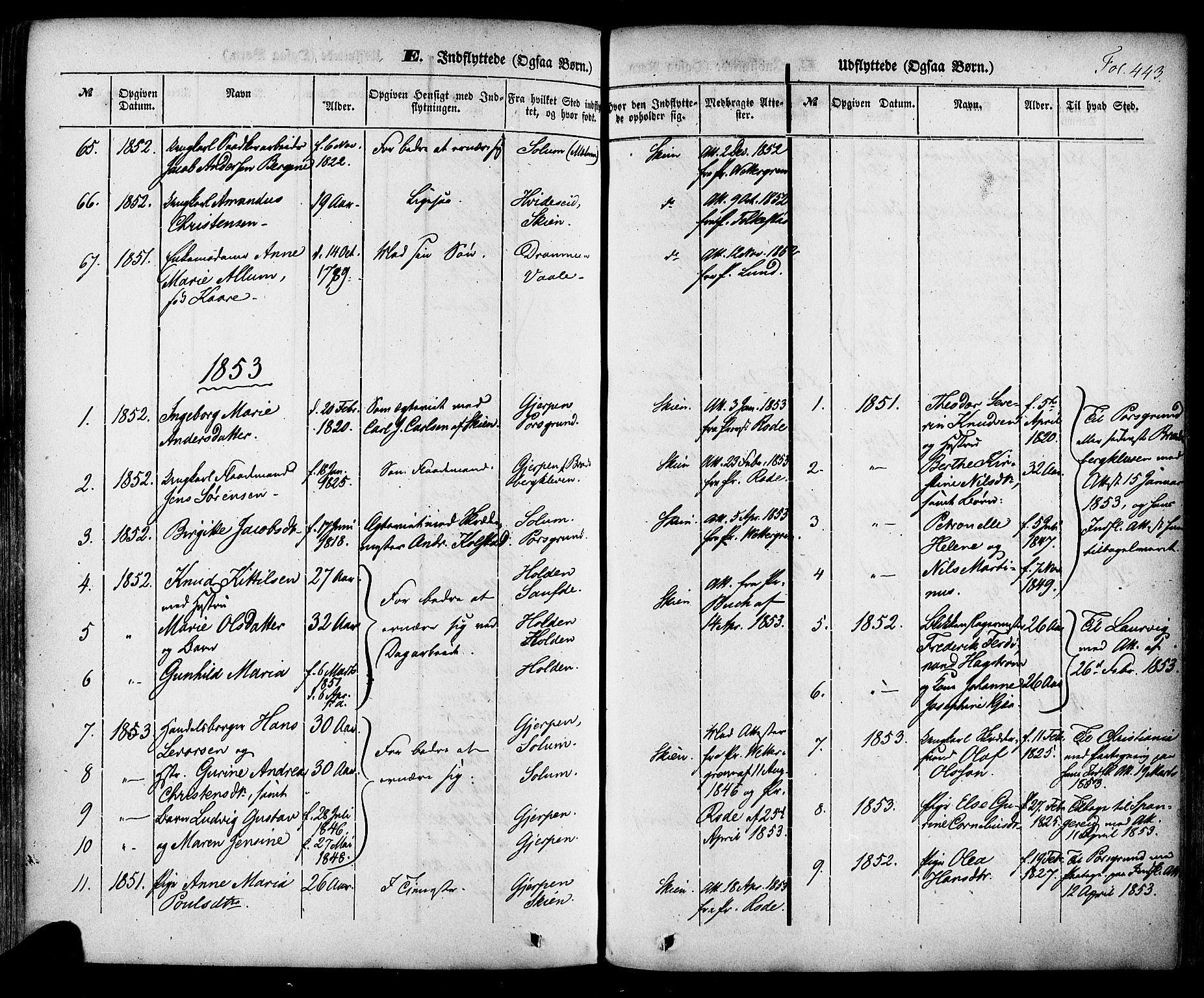 Skien kirkebøker, SAKO/A-302/F/Fa/L0006a: Parish register (official) no. 6A, 1843-1856, p. 443