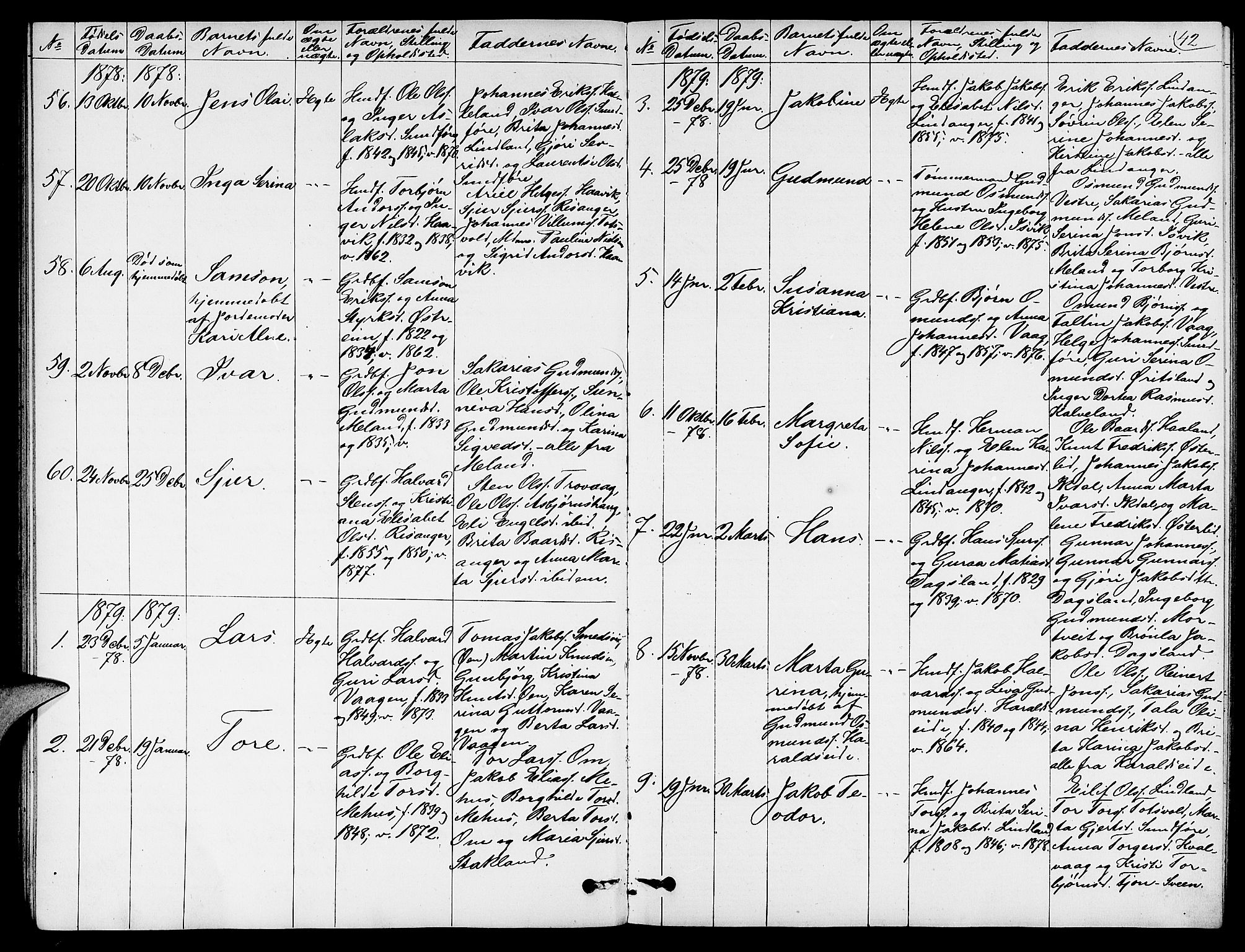 Skjold sokneprestkontor, SAST/A-101847/H/Ha/Hab/L0005: Parish register (copy) no. B 5, 1867-1884, p. 42