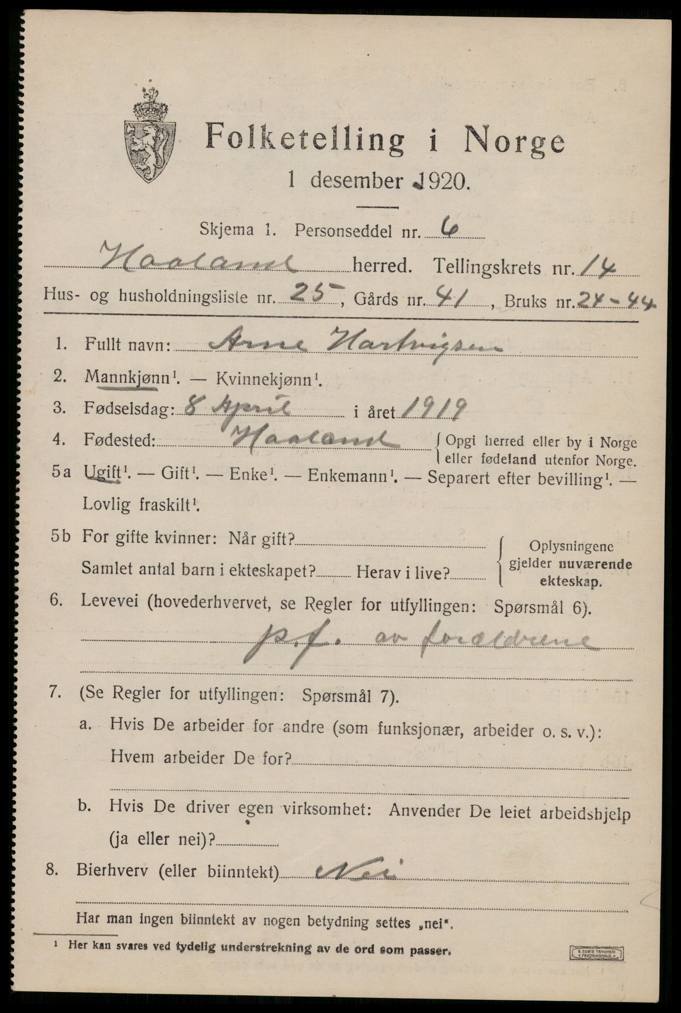 SAST, 1920 census for Håland, 1920, p. 10251