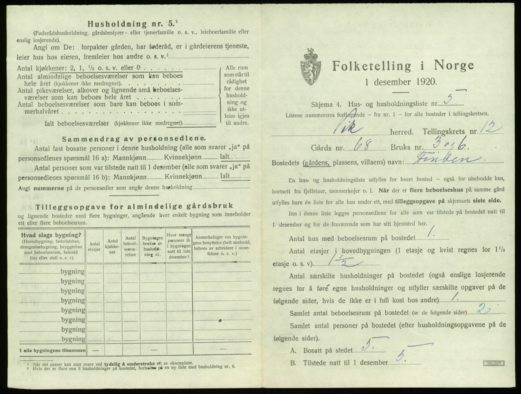 SAB, 1920 census for Vik, 1920, p. 1095