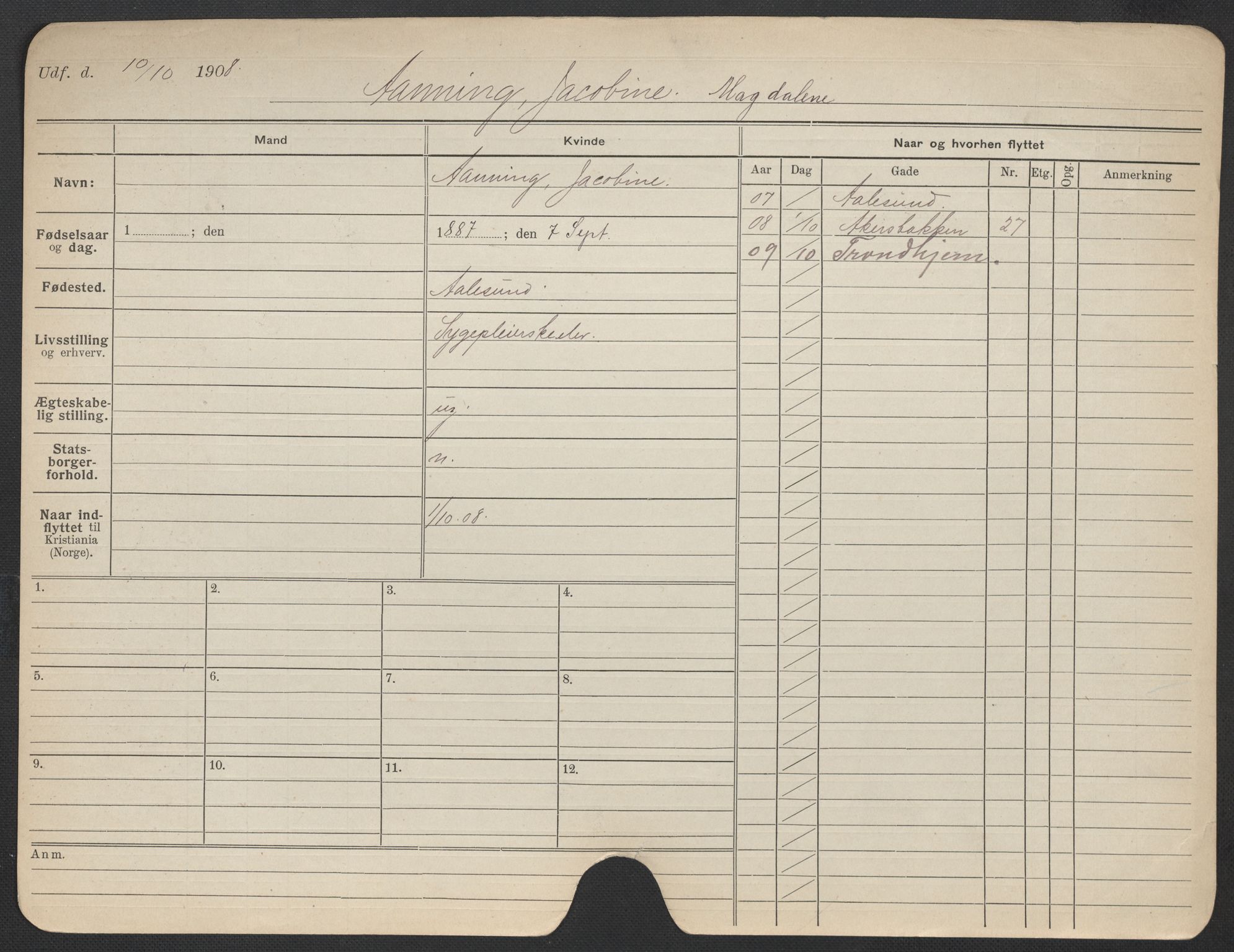 Oslo folkeregister, Registerkort, AV/SAO-A-11715/F/Fa/Fac/L0025: Kvinner, 1906-1914, p. 1203a