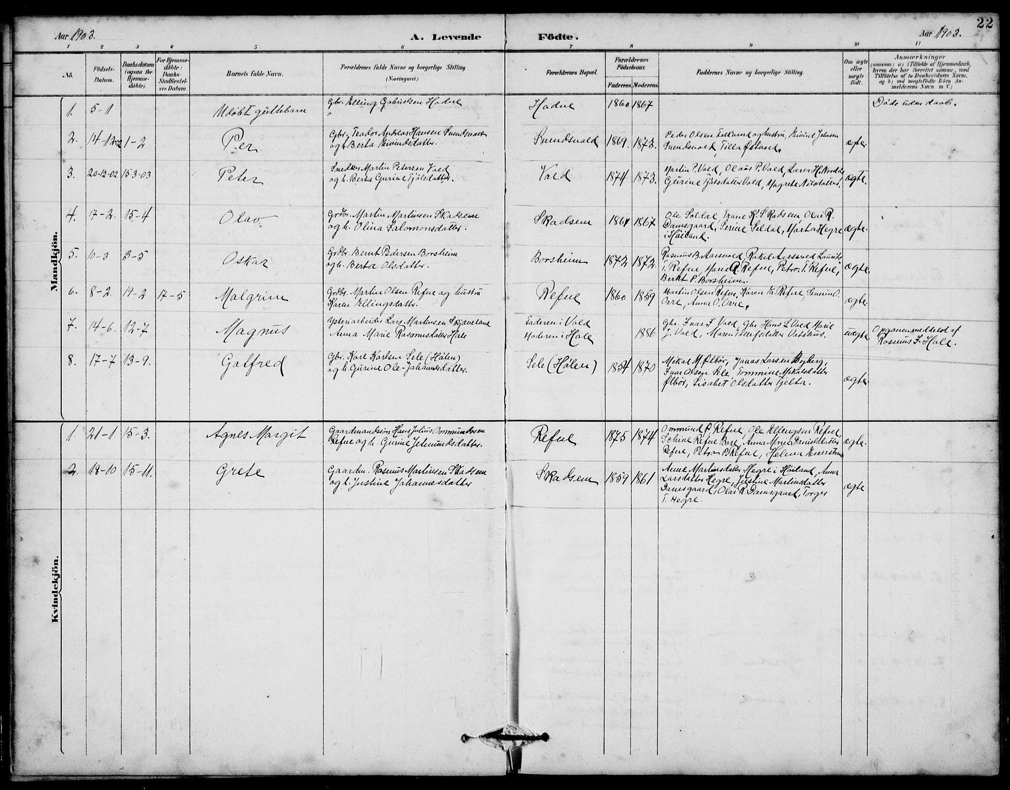 Klepp sokneprestkontor, AV/SAST-A-101803/001/3/30BB/L0006: Parish register (copy) no. B 6, 1889-1936, p. 22