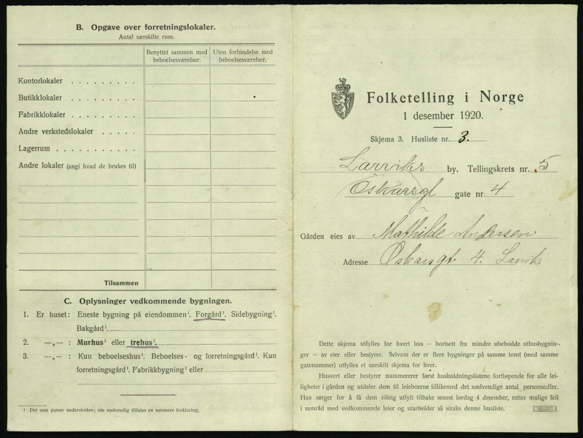 SAKO, 1920 census for Larvik, 1920, p. 1052