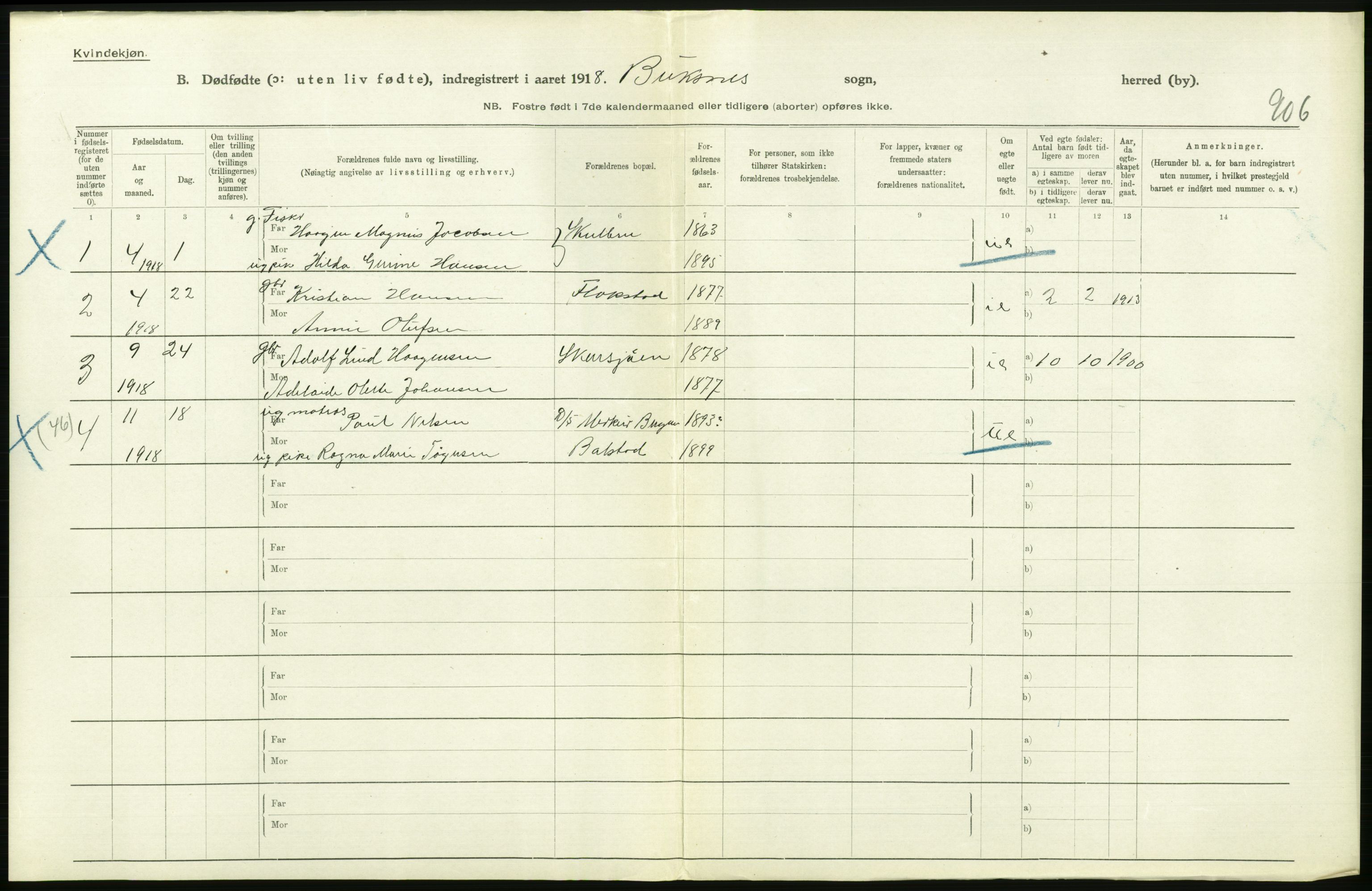 Statistisk sentralbyrå, Sosiodemografiske emner, Befolkning, RA/S-2228/D/Df/Dfb/Dfbh/L0054: Nordland fylke: Gifte, dødfødte. Bygder og byer., 1918, p. 476