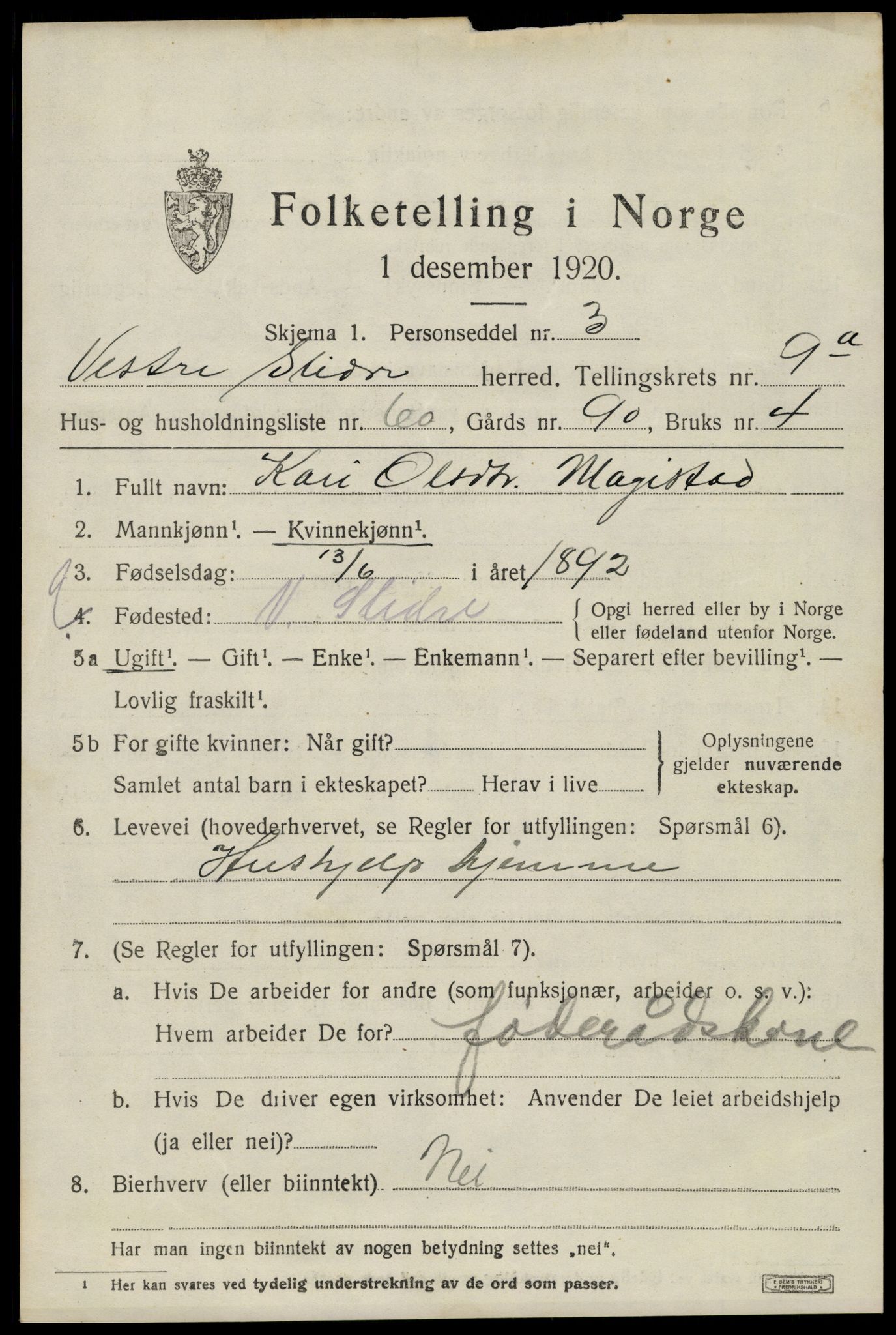 SAH, 1920 census for Vestre Slidre, 1920, p. 5608