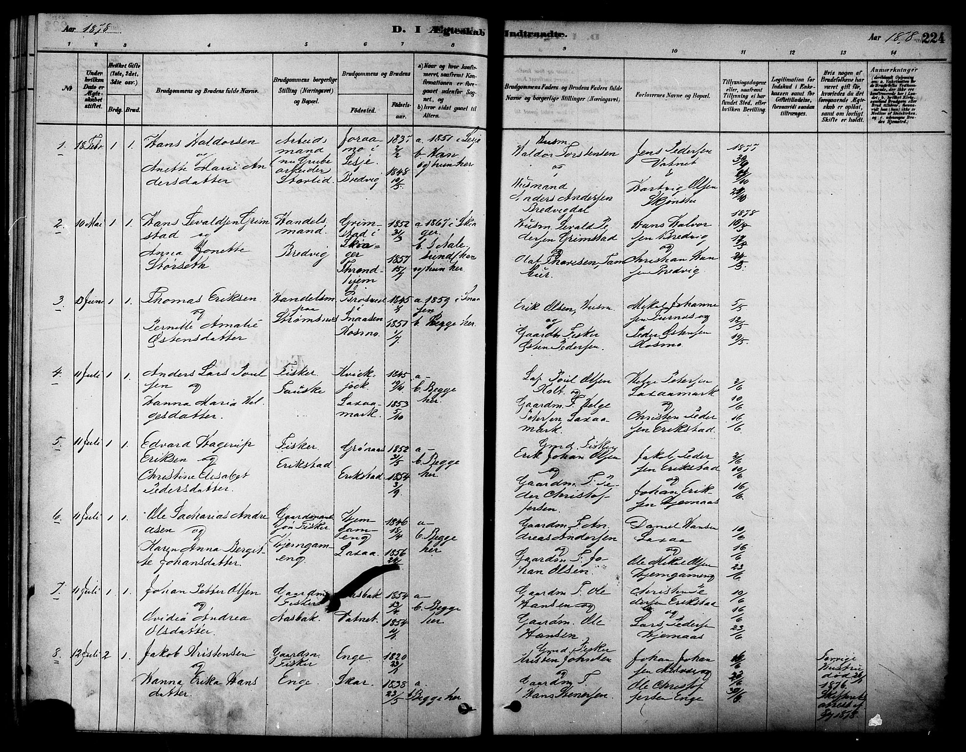 Ministerialprotokoller, klokkerbøker og fødselsregistre - Nordland, AV/SAT-A-1459/852/L0740: Parish register (official) no. 852A10, 1878-1894, p. 224