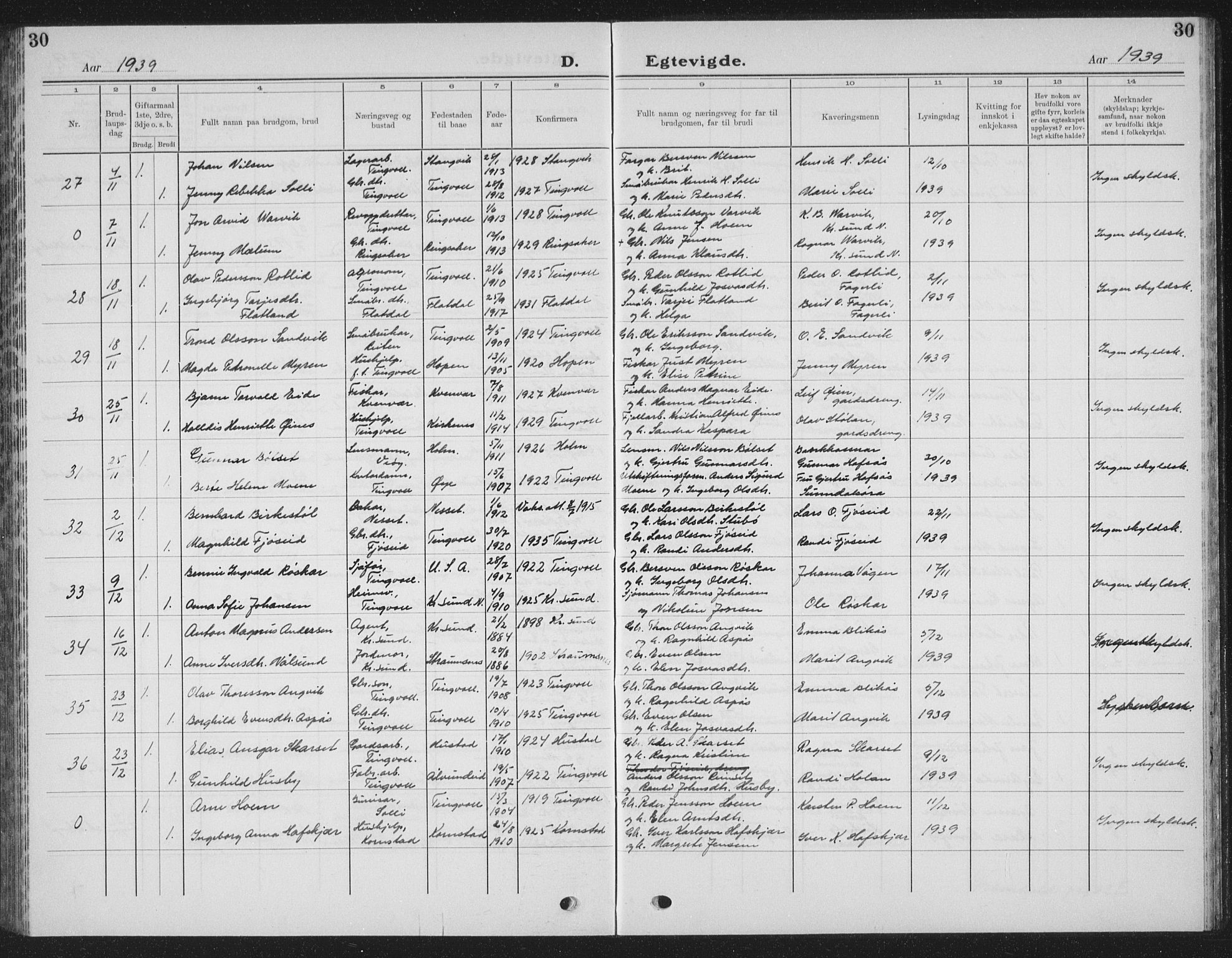 Ministerialprotokoller, klokkerbøker og fødselsregistre - Møre og Romsdal, AV/SAT-A-1454/586/L0995: Parish register (copy) no. 586C06, 1928-1943, p. 30