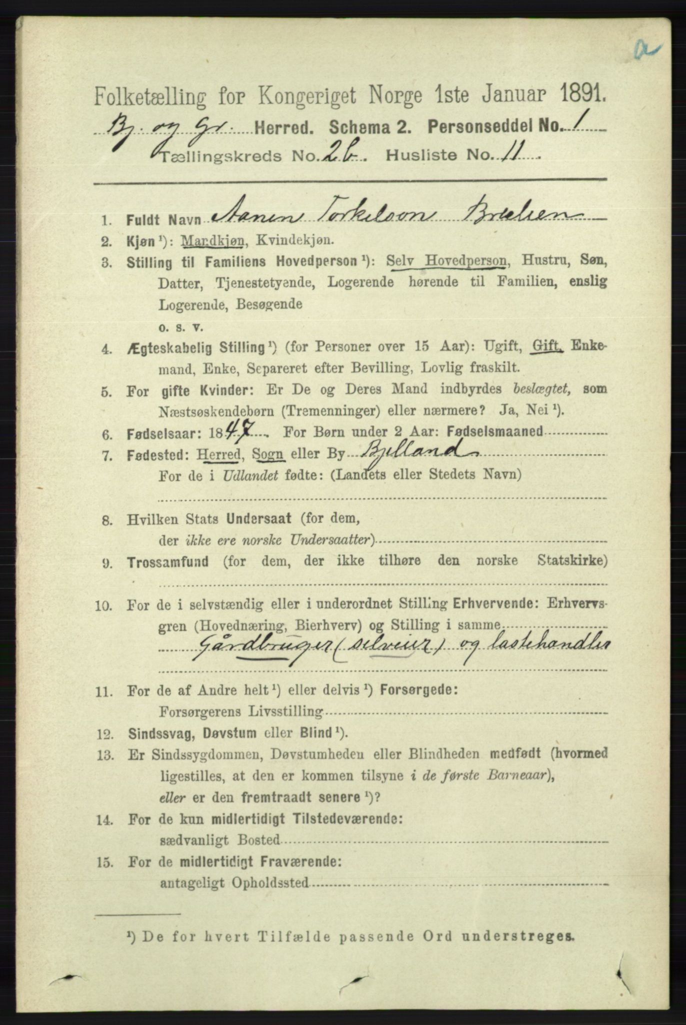 RA, 1891 census for 1024 Bjelland og Grindheim, 1891, p. 1188