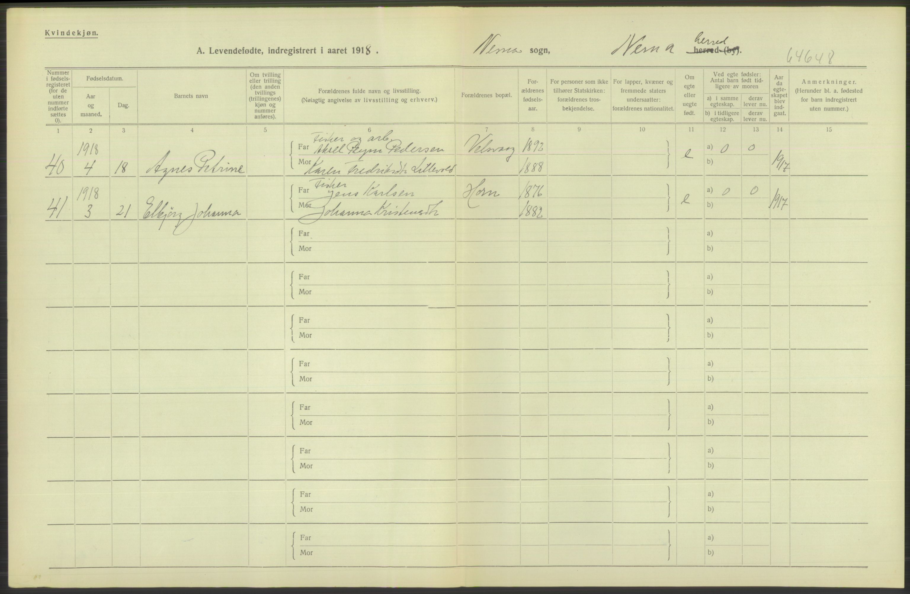 Statistisk sentralbyrå, Sosiodemografiske emner, Befolkning, RA/S-2228/D/Df/Dfb/Dfbh/L0052: Nordland fylke: Levendefødte menn og kvinner. Bygder., 1918, p. 624