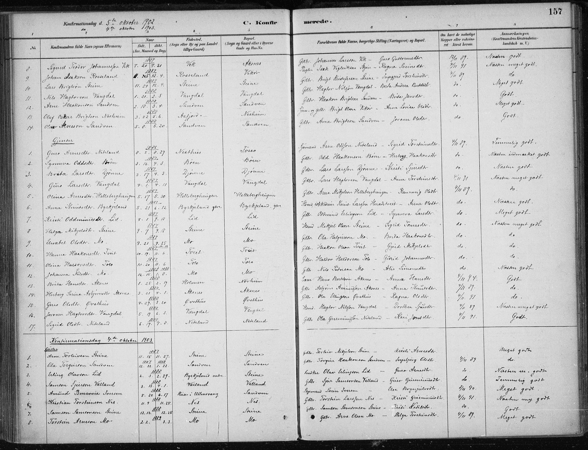 Kvam sokneprestembete, SAB/A-76201/H/Haa: Parish register (official) no. B  1, 1880-1908, p. 157