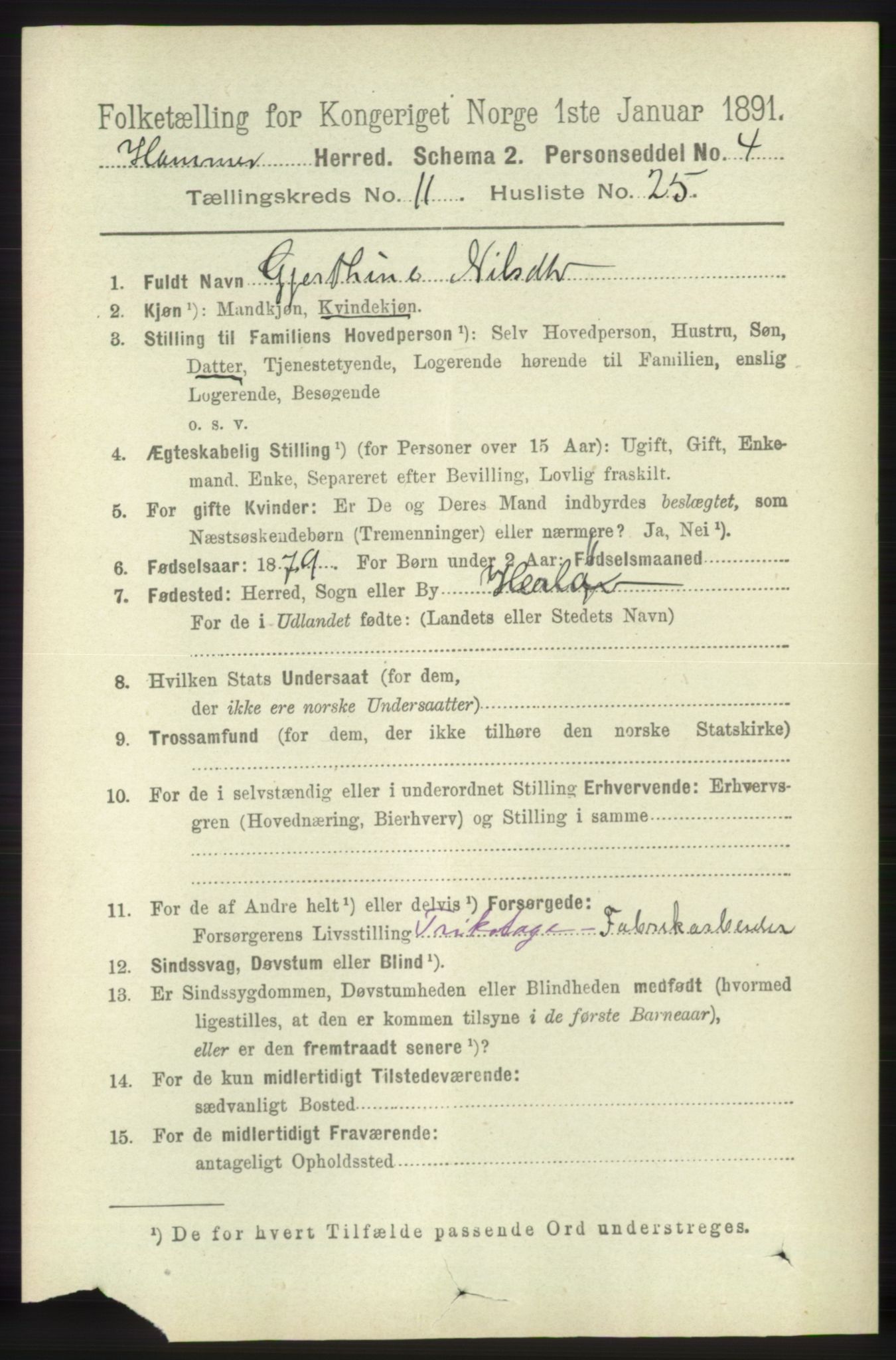 RA, 1891 census for 1254 Hamre, 1891, p. 3403