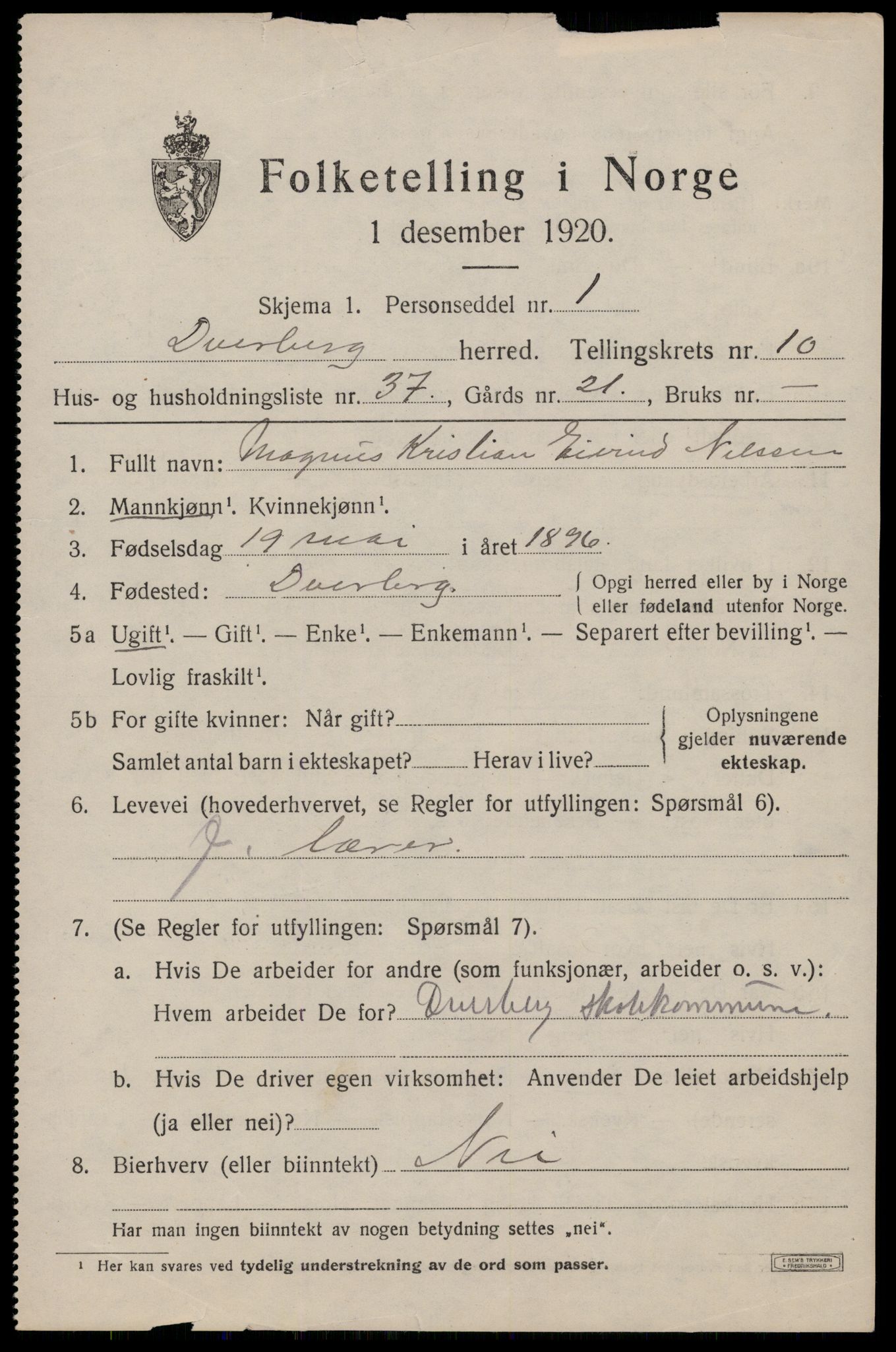 SAT, 1920 census for Dverberg, 1920, p. 8772