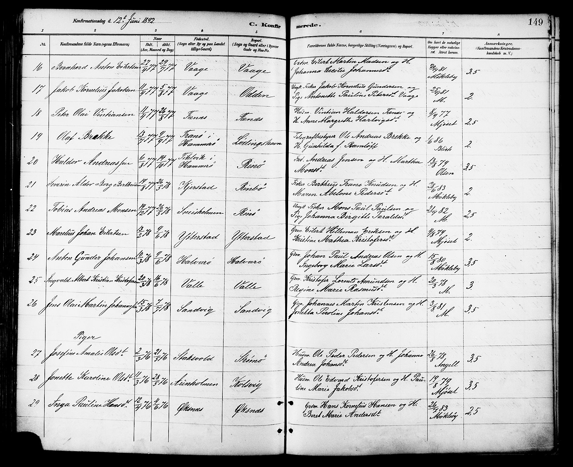 Ministerialprotokoller, klokkerbøker og fødselsregistre - Nordland, AV/SAT-A-1459/872/L1035: Parish register (official) no. 872A10, 1884-1896, p. 149