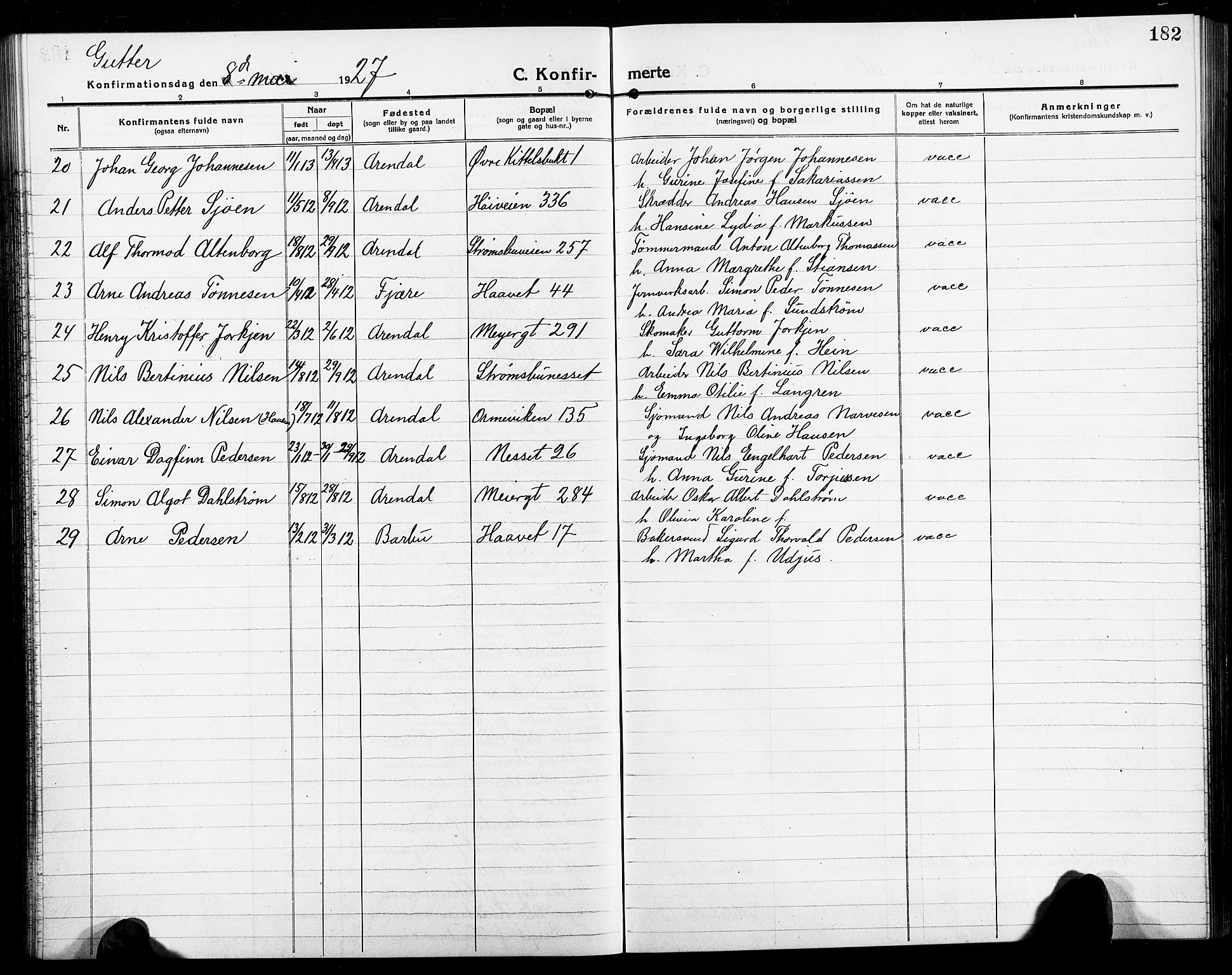 Arendal sokneprestkontor, Trefoldighet, AV/SAK-1111-0040/F/Fb/L0007: Parish register (copy) no. B 7, 1916-1927, p. 182