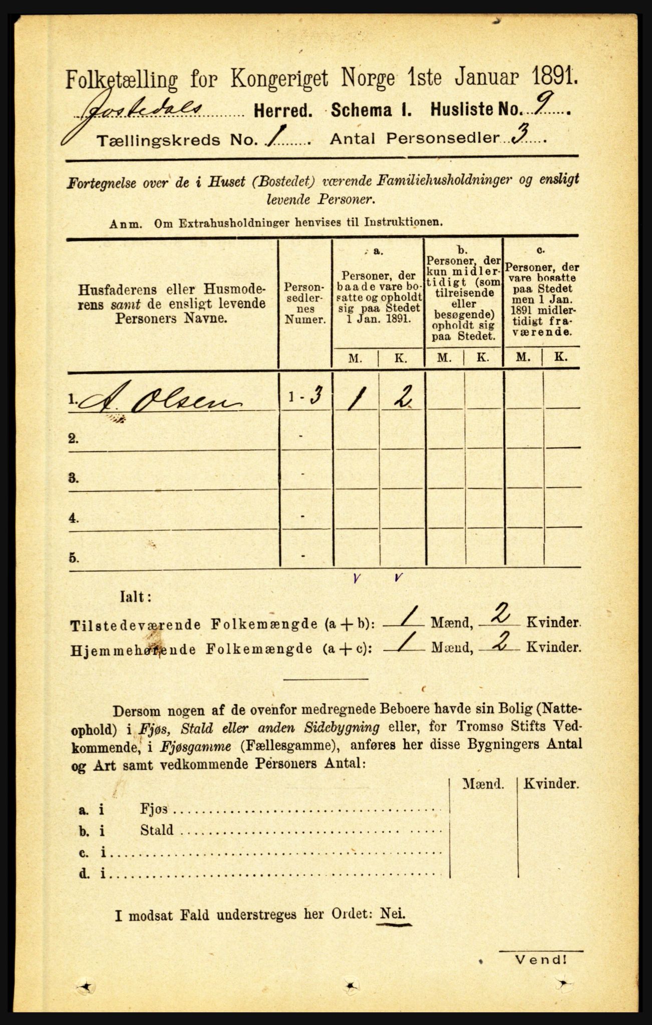 RA, 1891 census for 1427 Jostedal, 1891, p. 22