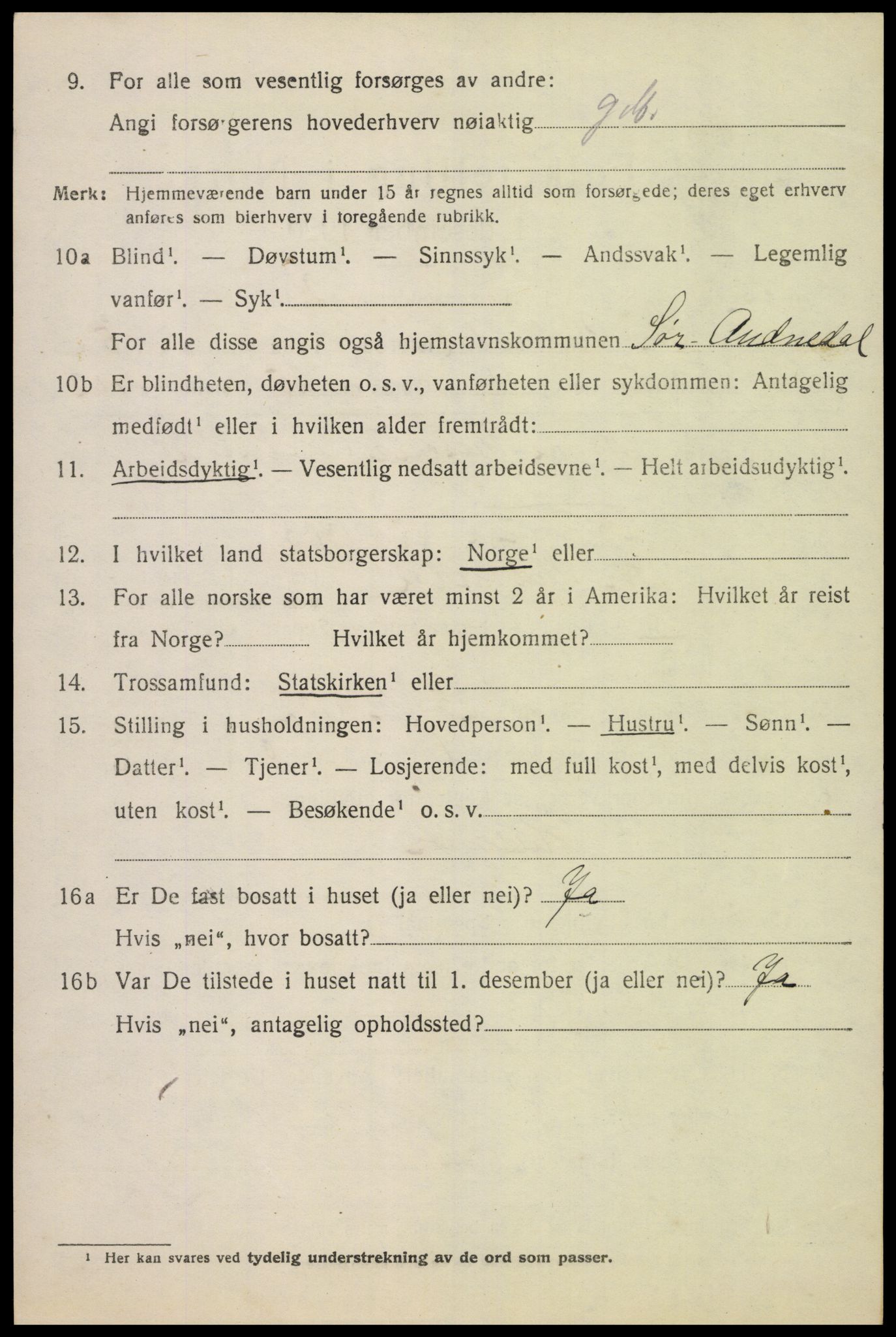 SAK, 1920 census for Sør-Audnedal, 1920, p. 2492