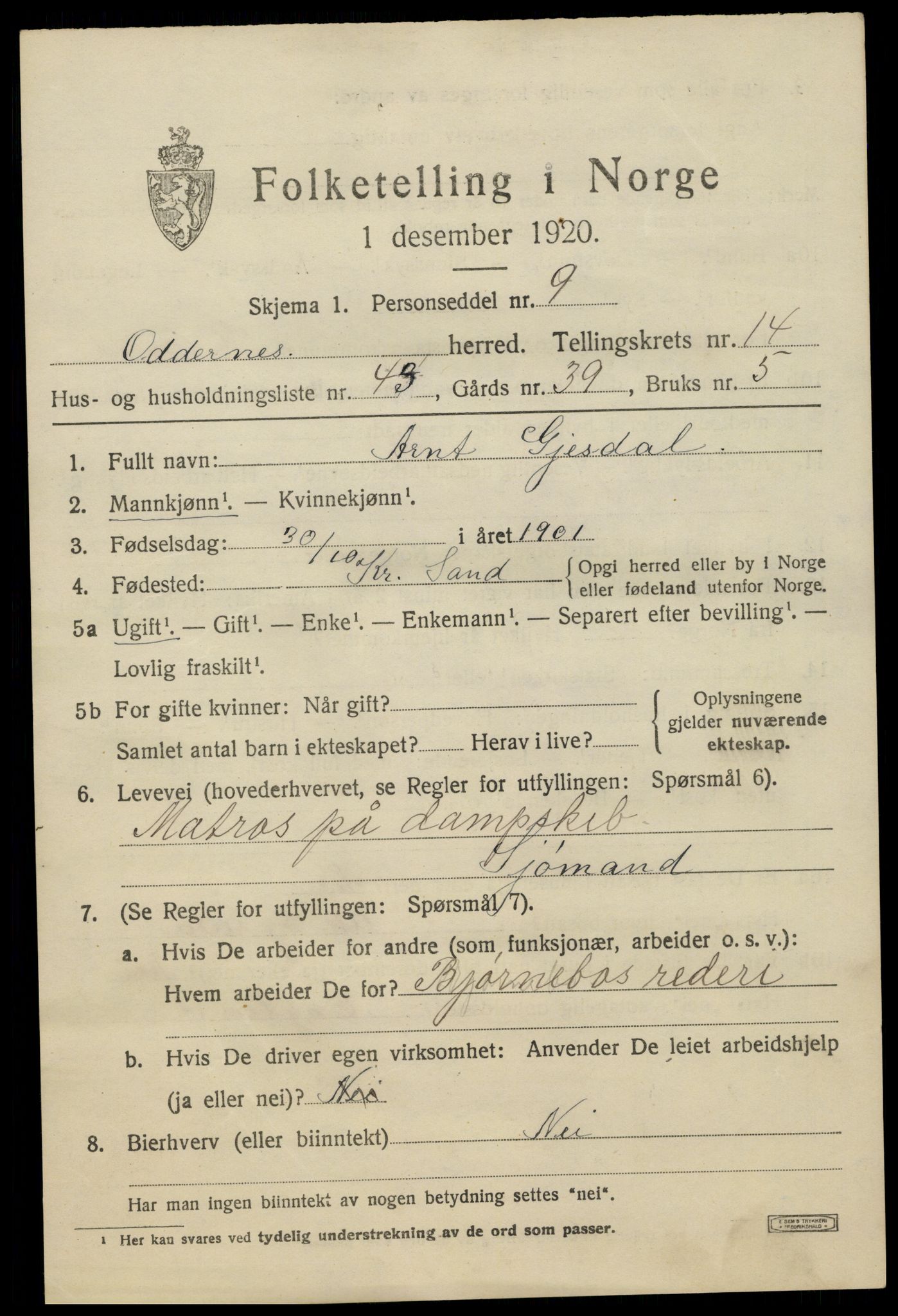 SAK, 1920 census for Oddernes, 1920, p. 8973