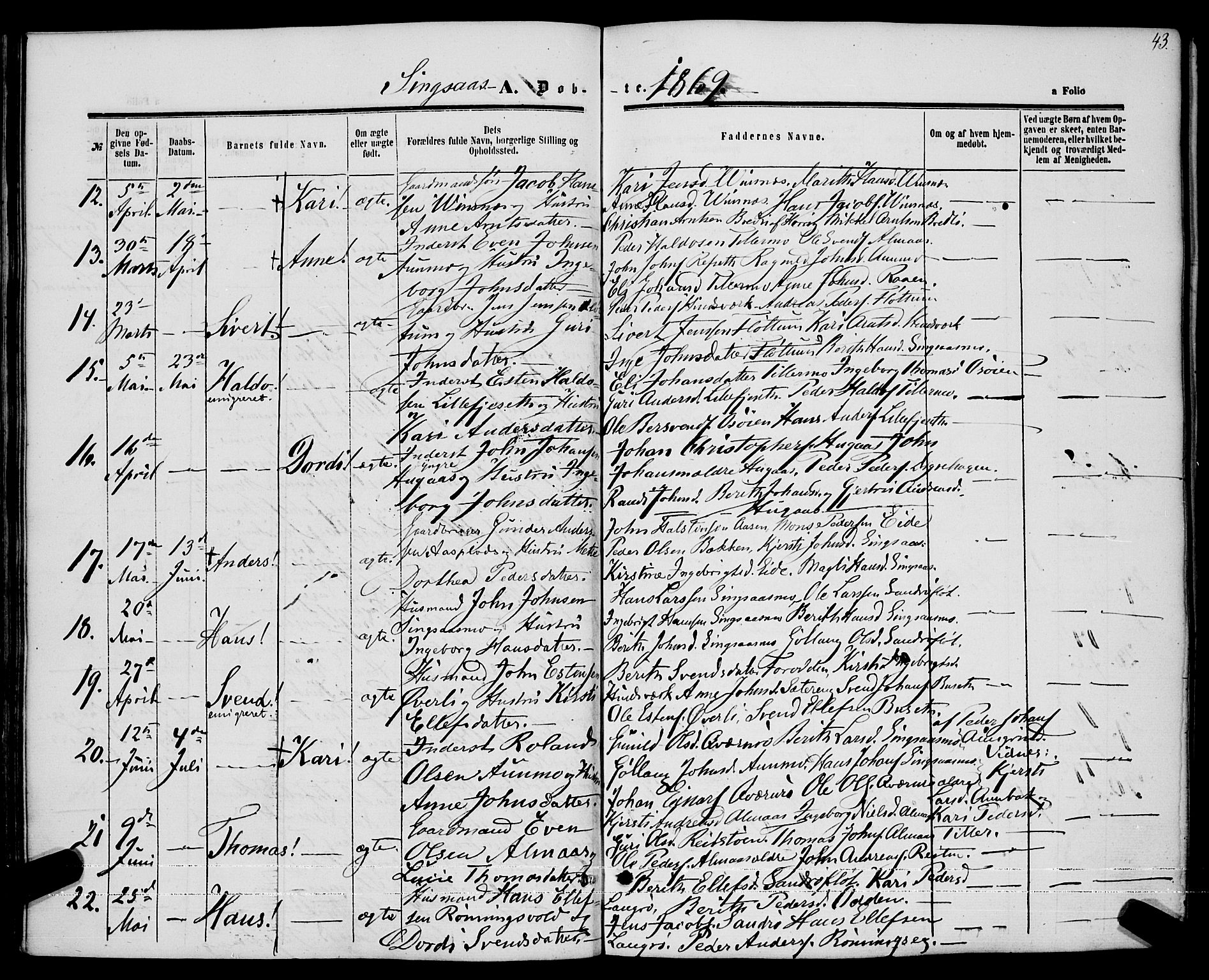 Ministerialprotokoller, klokkerbøker og fødselsregistre - Sør-Trøndelag, SAT/A-1456/685/L0967: Parish register (official) no. 685A07 /2, 1860-1869, p. 43