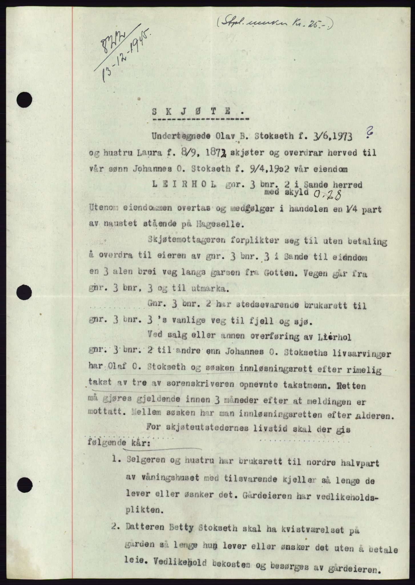 Søre Sunnmøre sorenskriveri, AV/SAT-A-4122/1/2/2C/L0077: Mortgage book no. 3A, 1945-1946, Diary no: : 822/1945