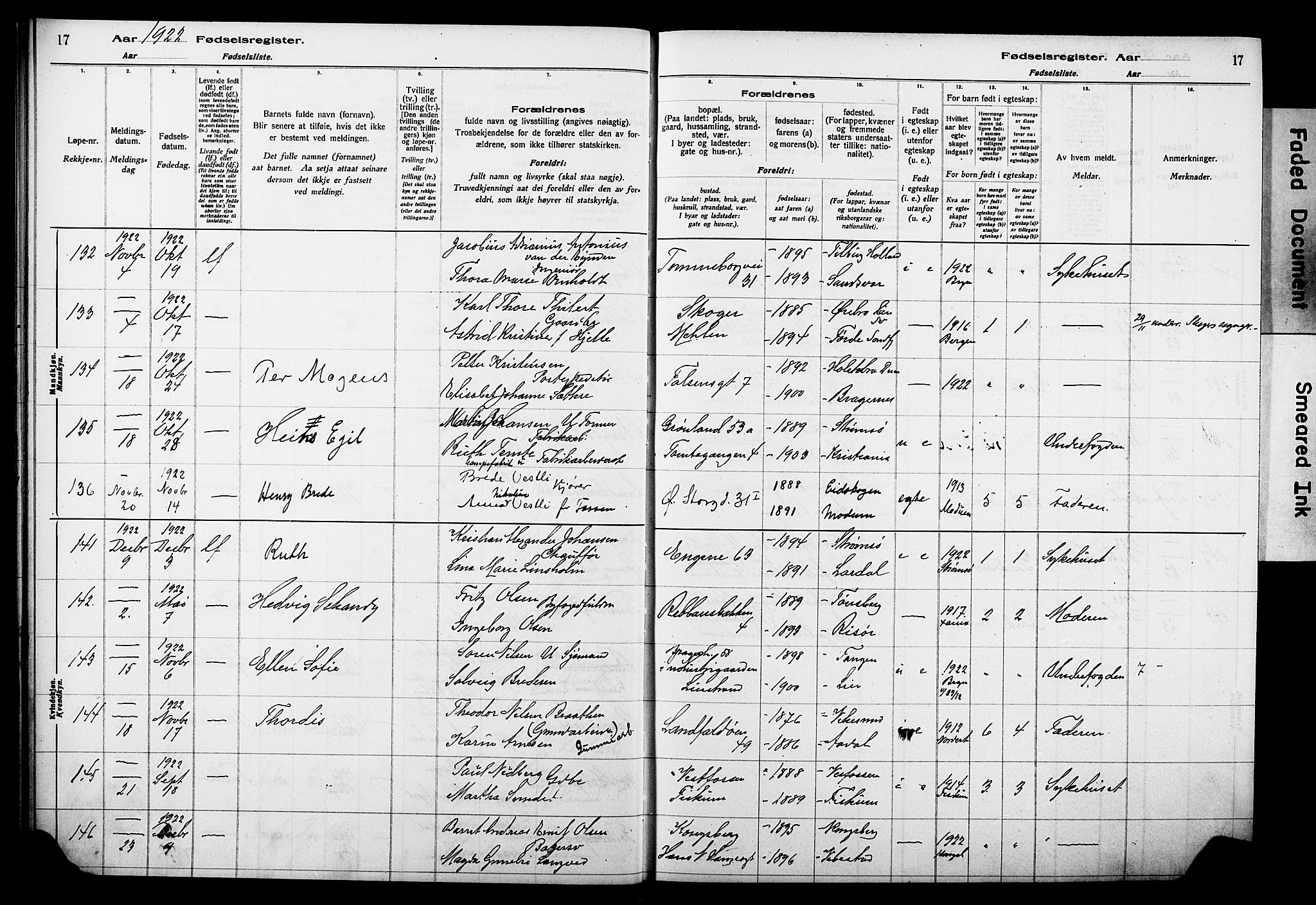 Bragernes kirkebøker, AV/SAKO-A-6/J/Ja/L0002: Birth register no. 2, 1922-1930, p. 17