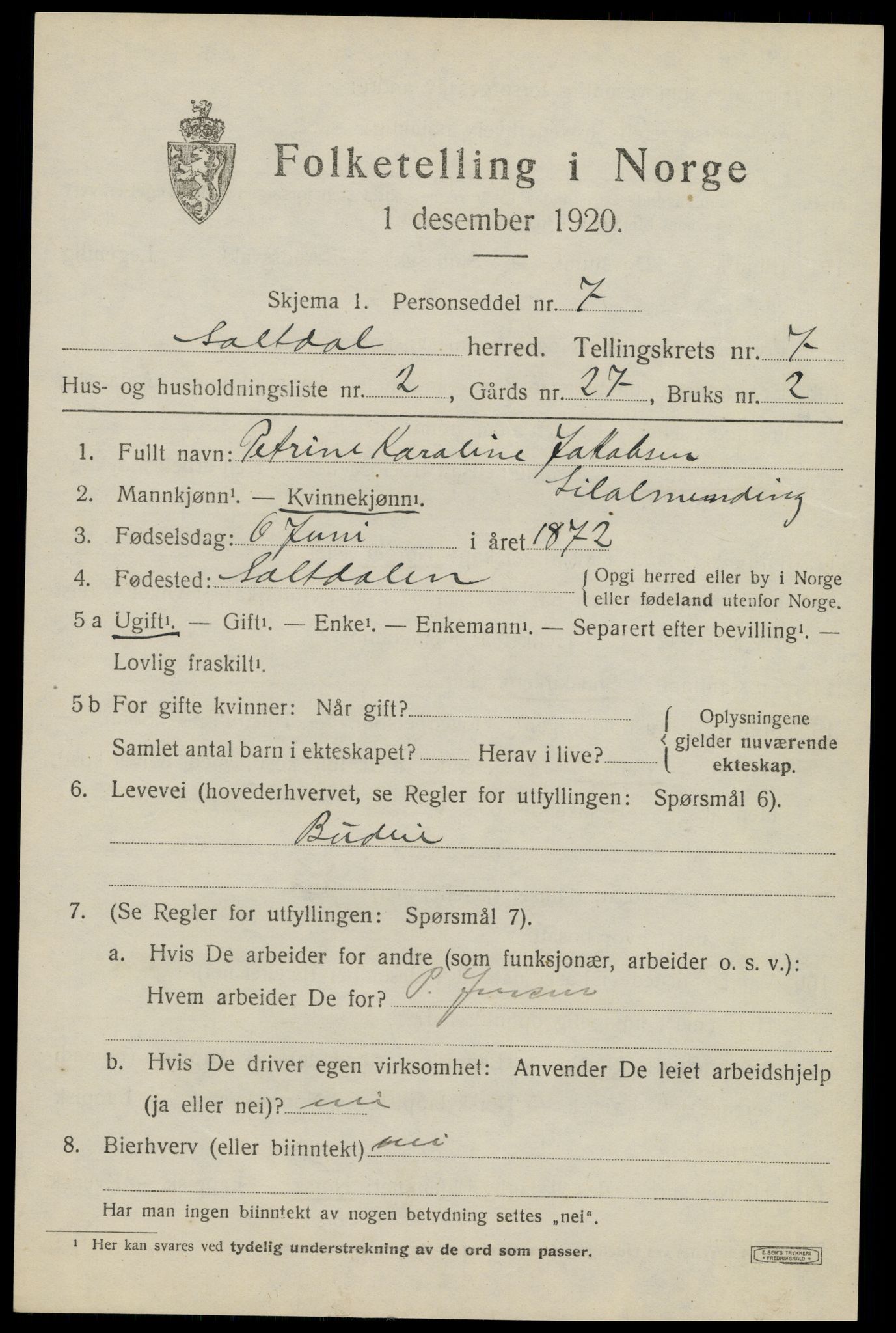 SAT, 1920 census for Saltdal, 1920, p. 7825