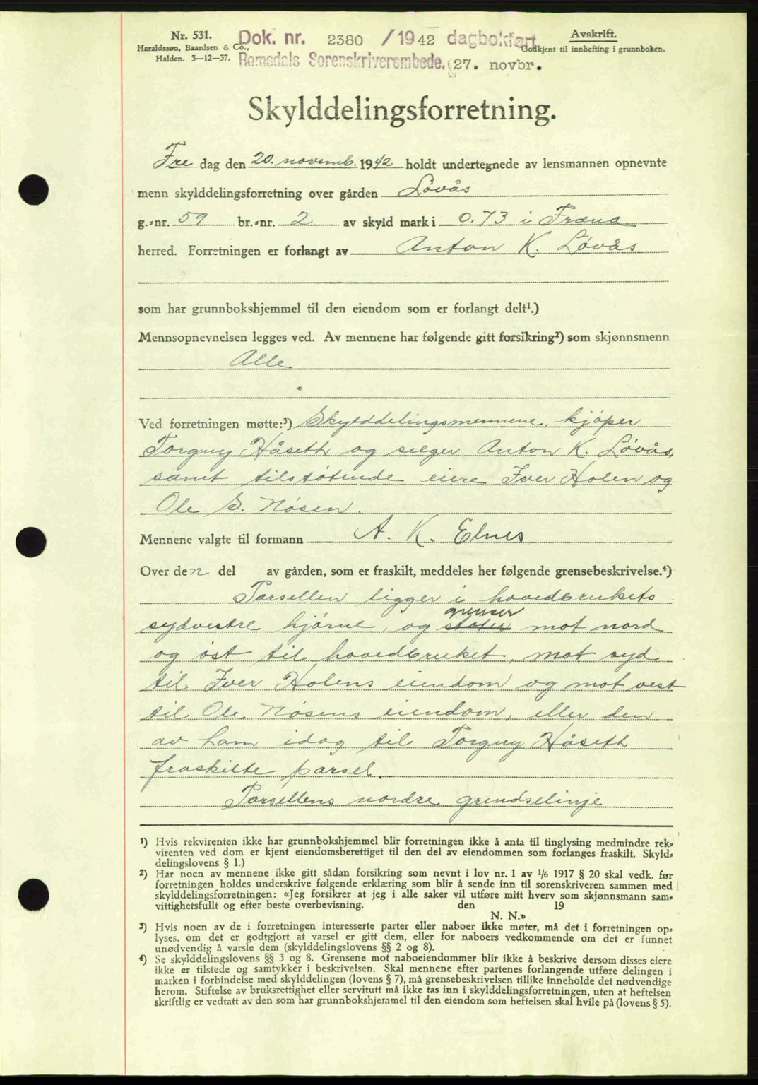 Romsdal sorenskriveri, AV/SAT-A-4149/1/2/2C: Mortgage book no. A13, 1942-1943, Diary no: : 2380/1942