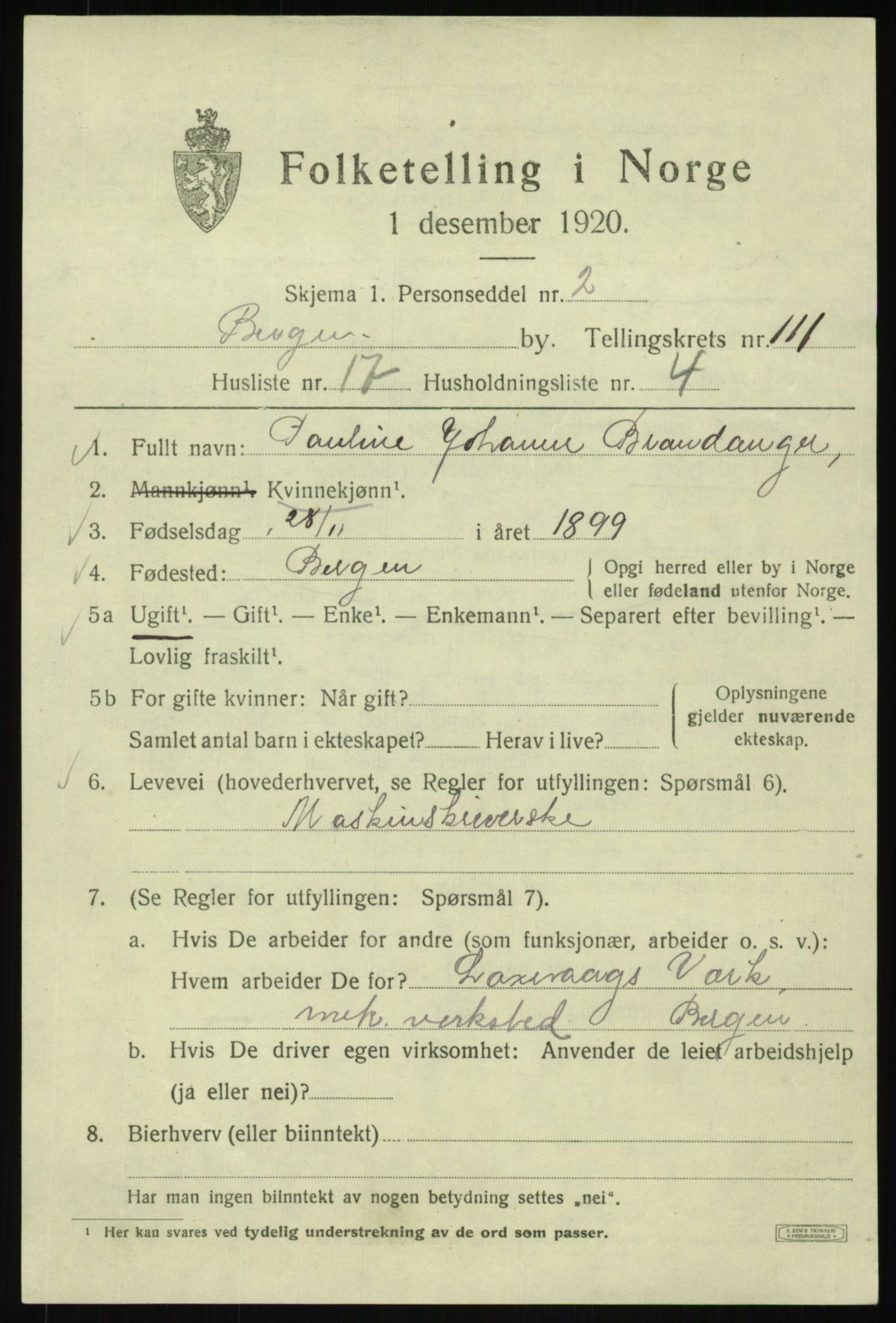 SAB, 1920 census for Bergen, 1920, p. 191507