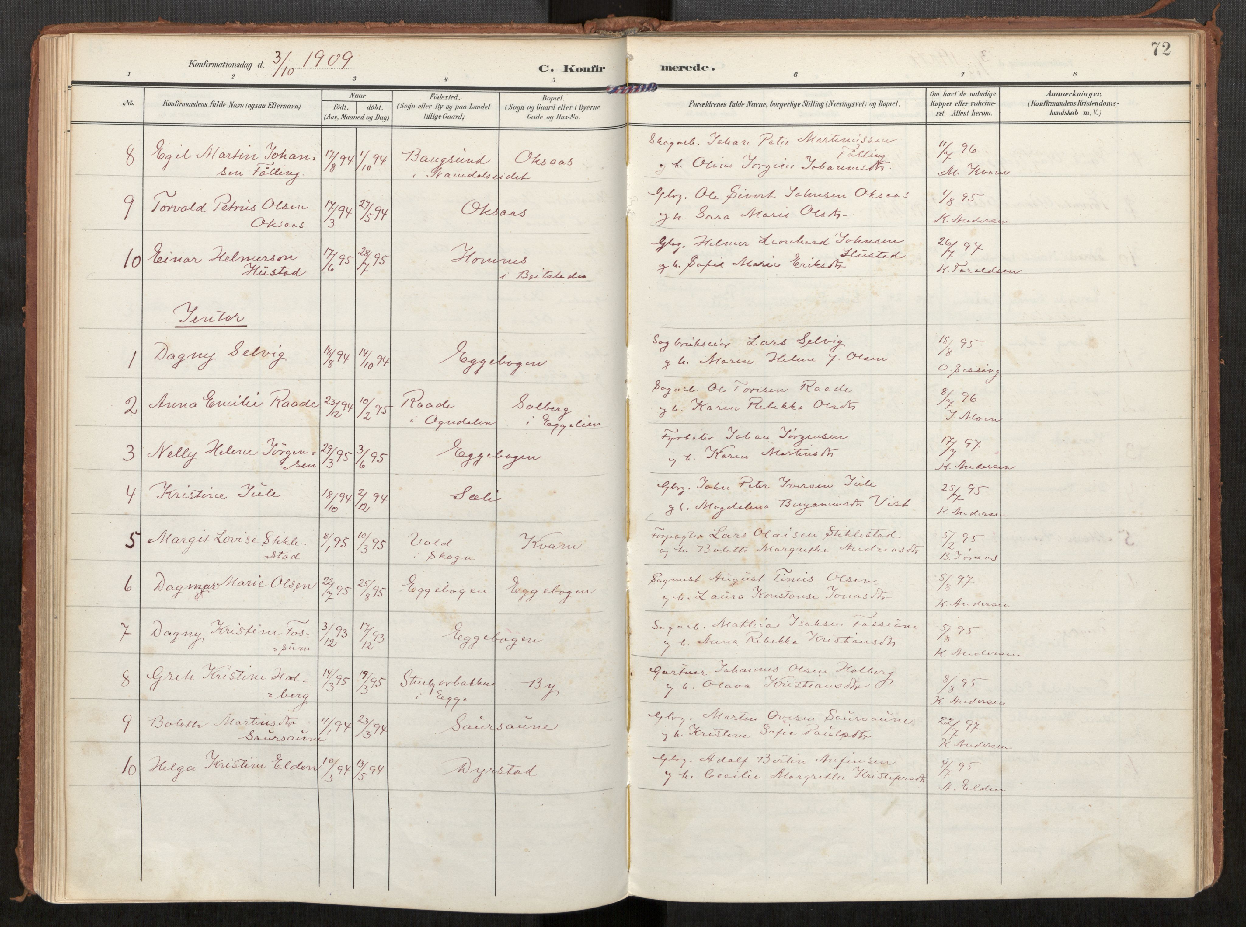 Steinkjer sokneprestkontor, AV/SAT-A-1541/01/H/Ha/Haa/L0002: Parish register (official) no. 2, 1907-1917, p. 72