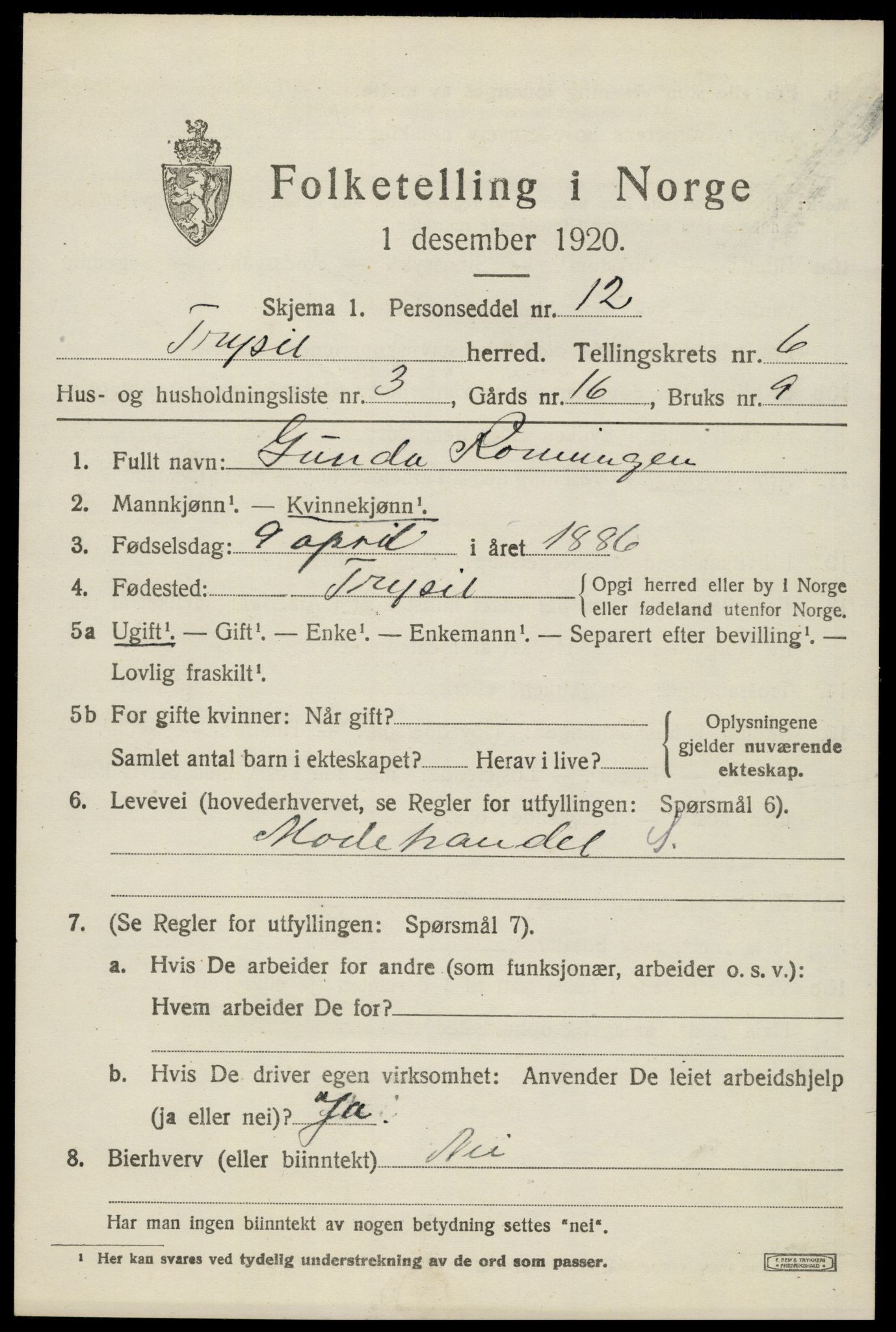 SAH, 1920 census for Trysil, 1920, p. 4589