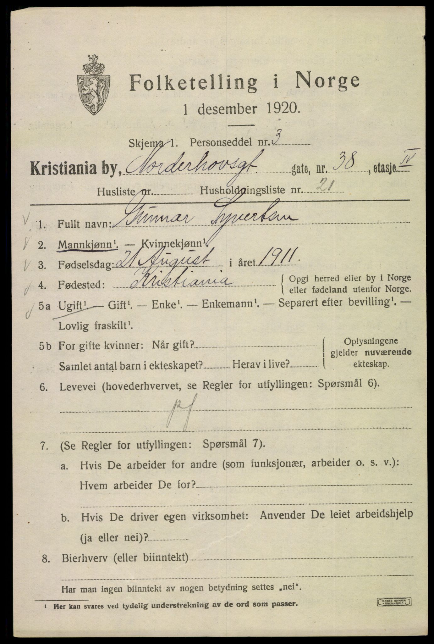 SAO, 1920 census for Kristiania, 1920, p. 424347