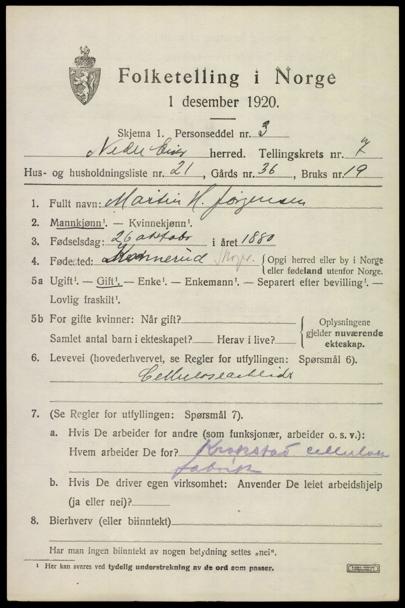 SAKO, 1920 census for Nedre Eiker, 1920, p. 7711