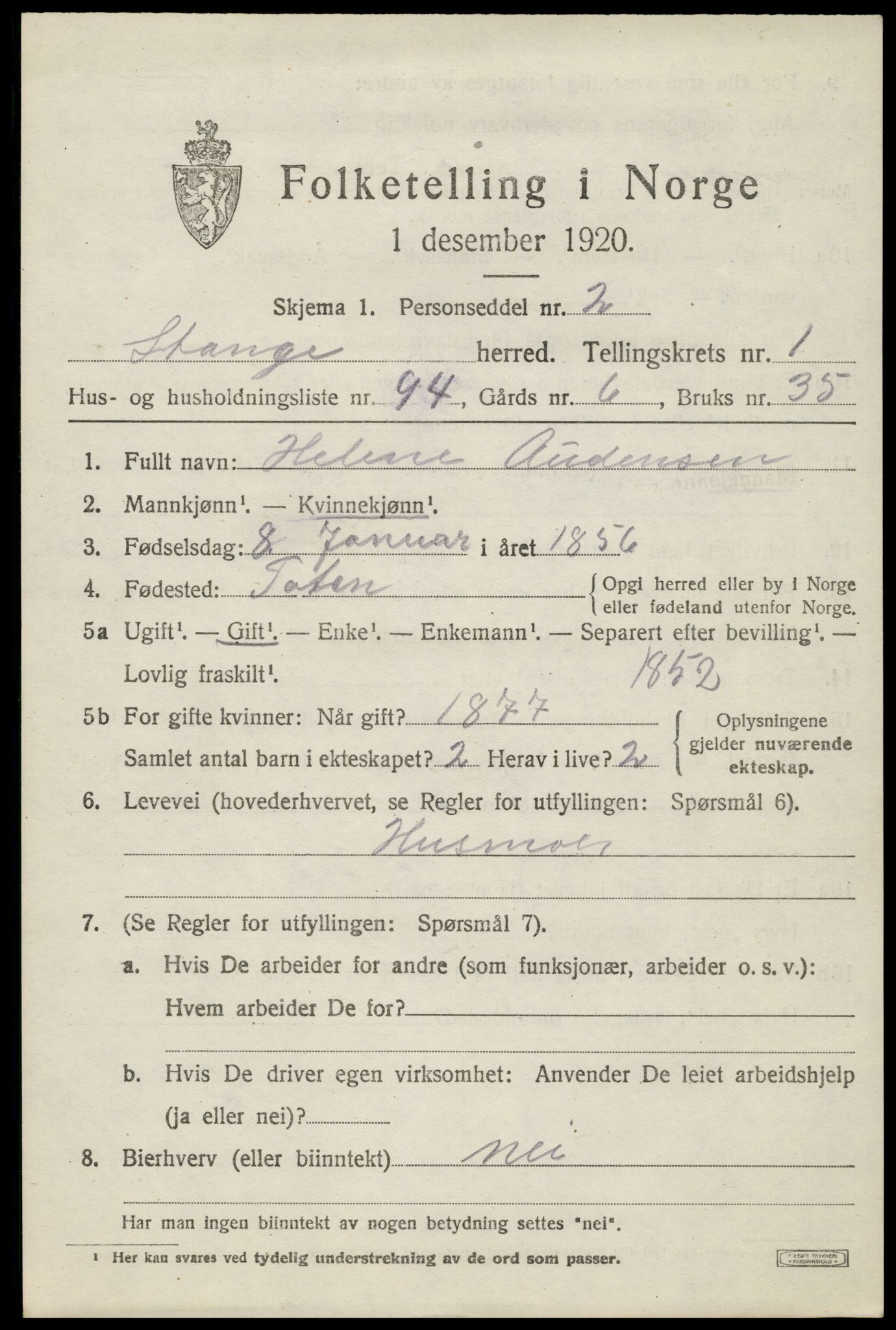 SAH, 1920 census for Stange, 1920, p. 4009