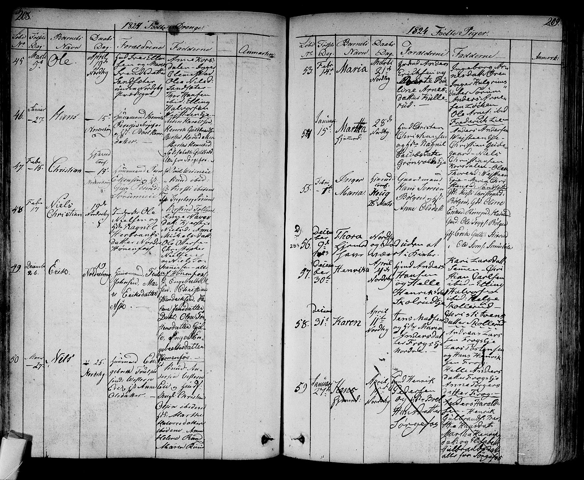 Norderhov kirkebøker, SAKO/A-237/F/Fa/L0009: Parish register (official) no. 9, 1819-1837, p. 208-209